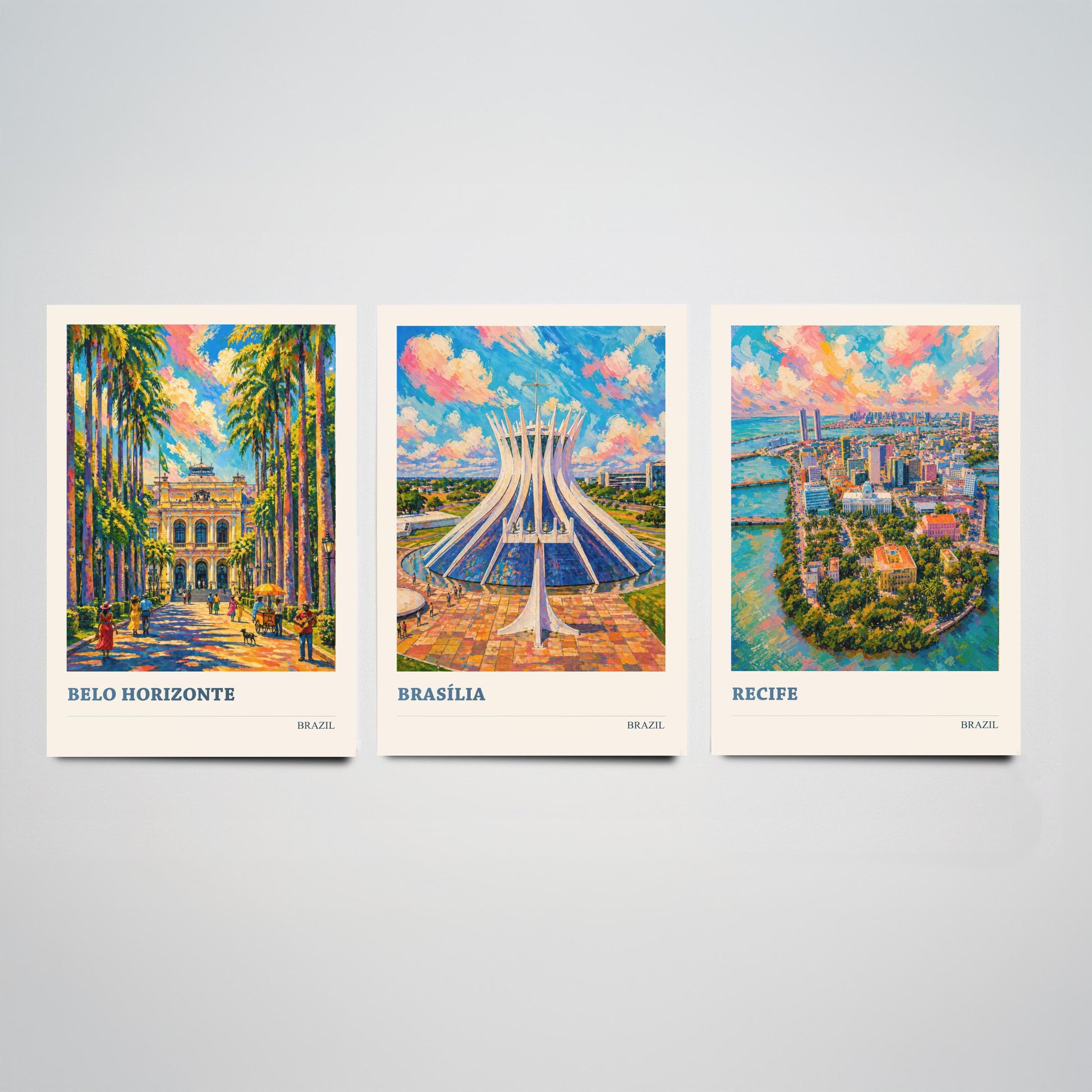 Brazil Set of Three Travel Posters V3 - Belo Horizonte, Brasilia, Recife - 3 Vibrant City Art Prints Painting Illustration Map Gift