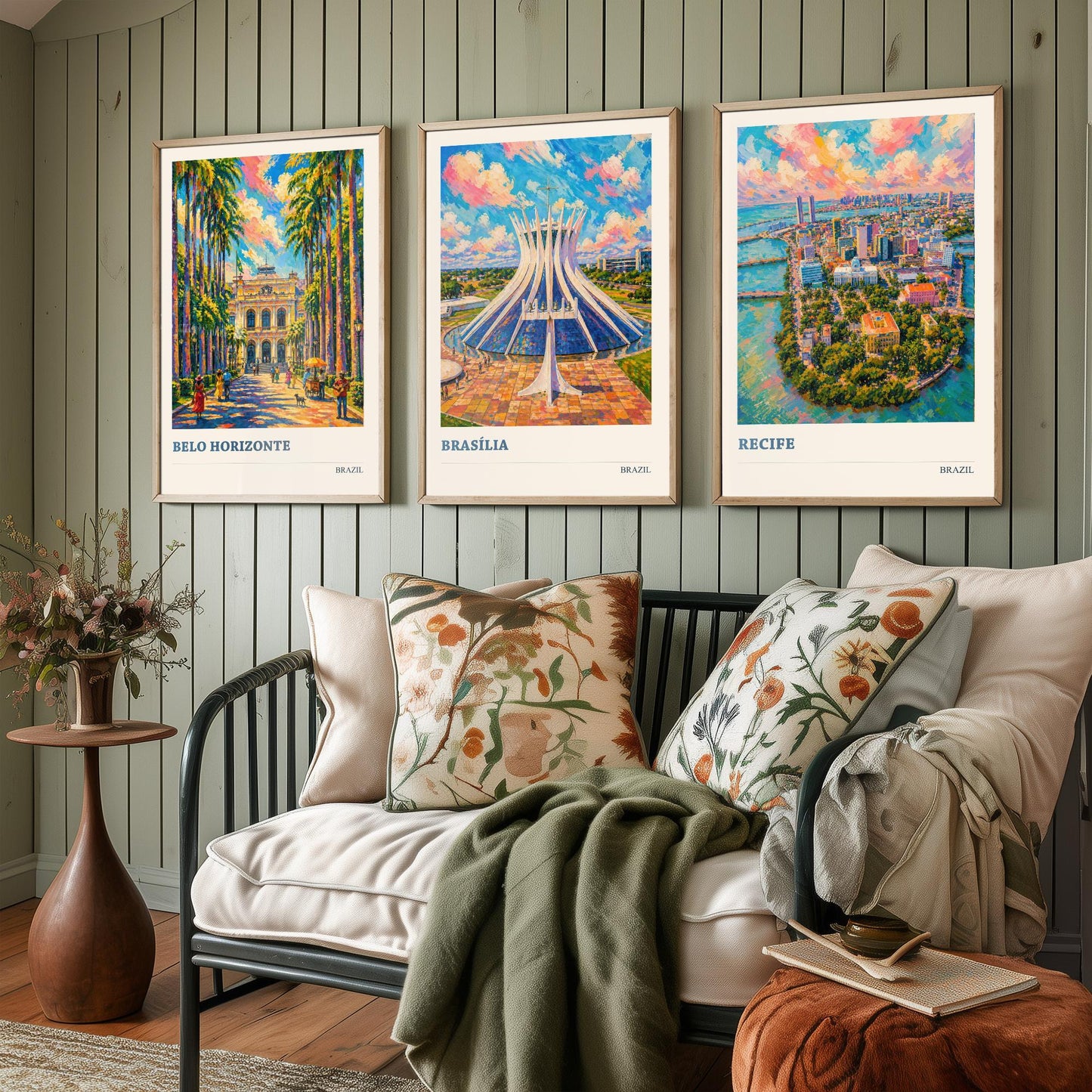Brazil Set of Three Travel Posters V3 - Belo Horizonte, Brasilia, Recife - 3 Vibrant City Art Prints Painting Illustration Map Gift