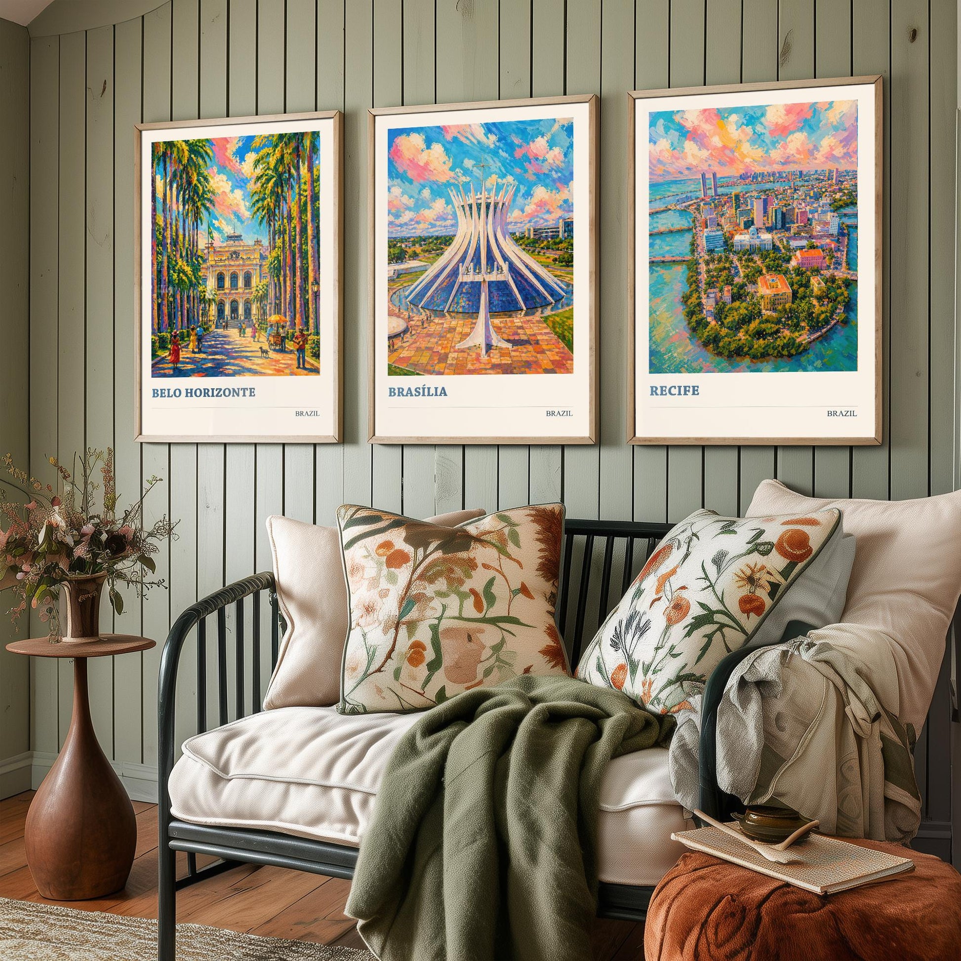 Brazil Set of Three Travel Posters V3 - Belo Horizonte, Brasilia, Recife - 3 Vibrant City Art Prints Painting Illustration Map Gift