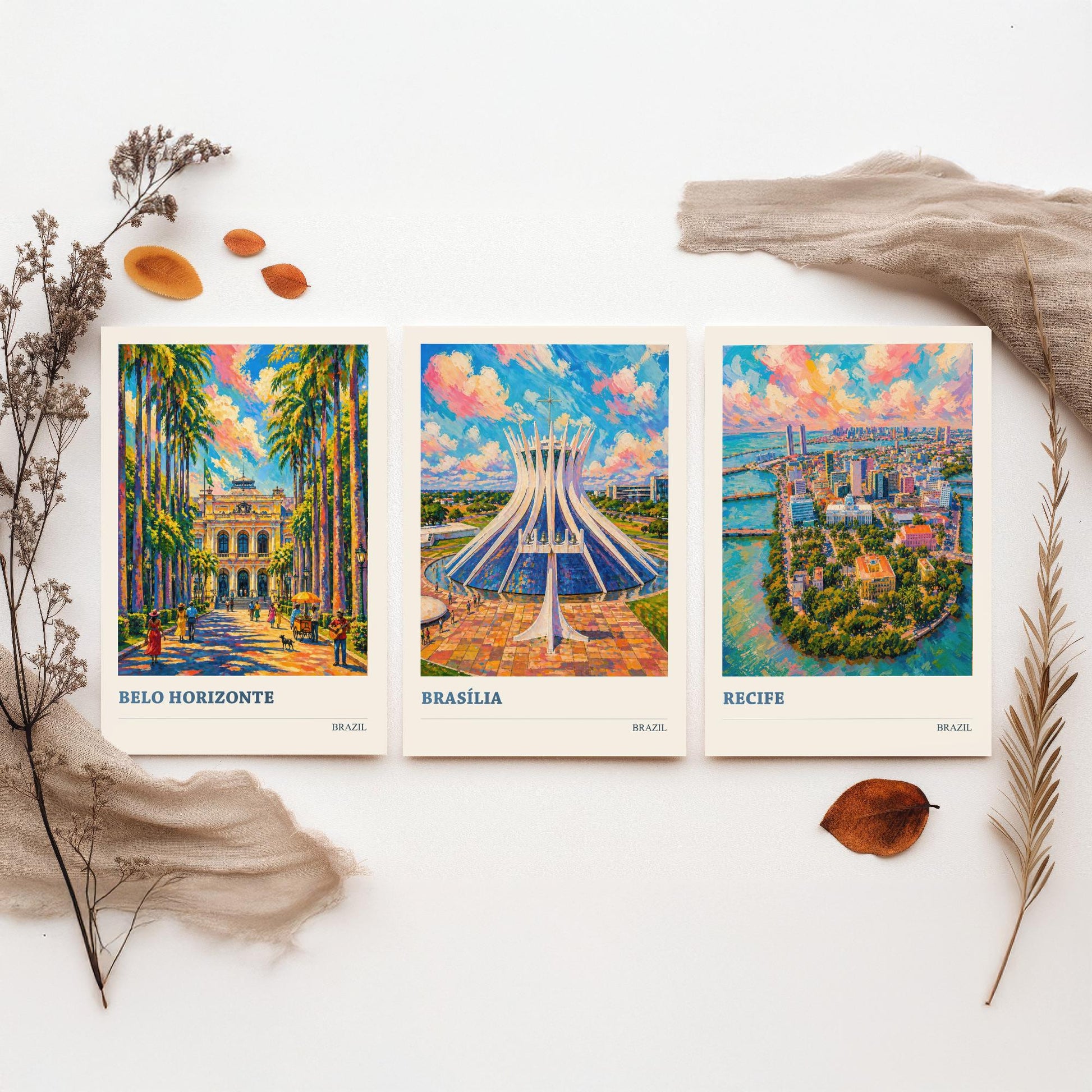 Brazil Set of Three Travel Posters V3 - Belo Horizonte, Brasilia, Recife - 3 Vibrant City Art Prints Painting Illustration Map Gift