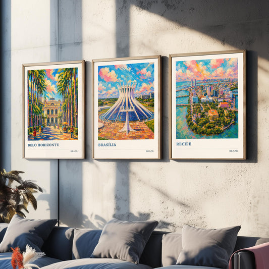 Brazil Set of Three Travel Posters V3 - Belo Horizonte, Brasilia, Recife - 3 Vibrant City Art Prints Painting Illustration Map Gift