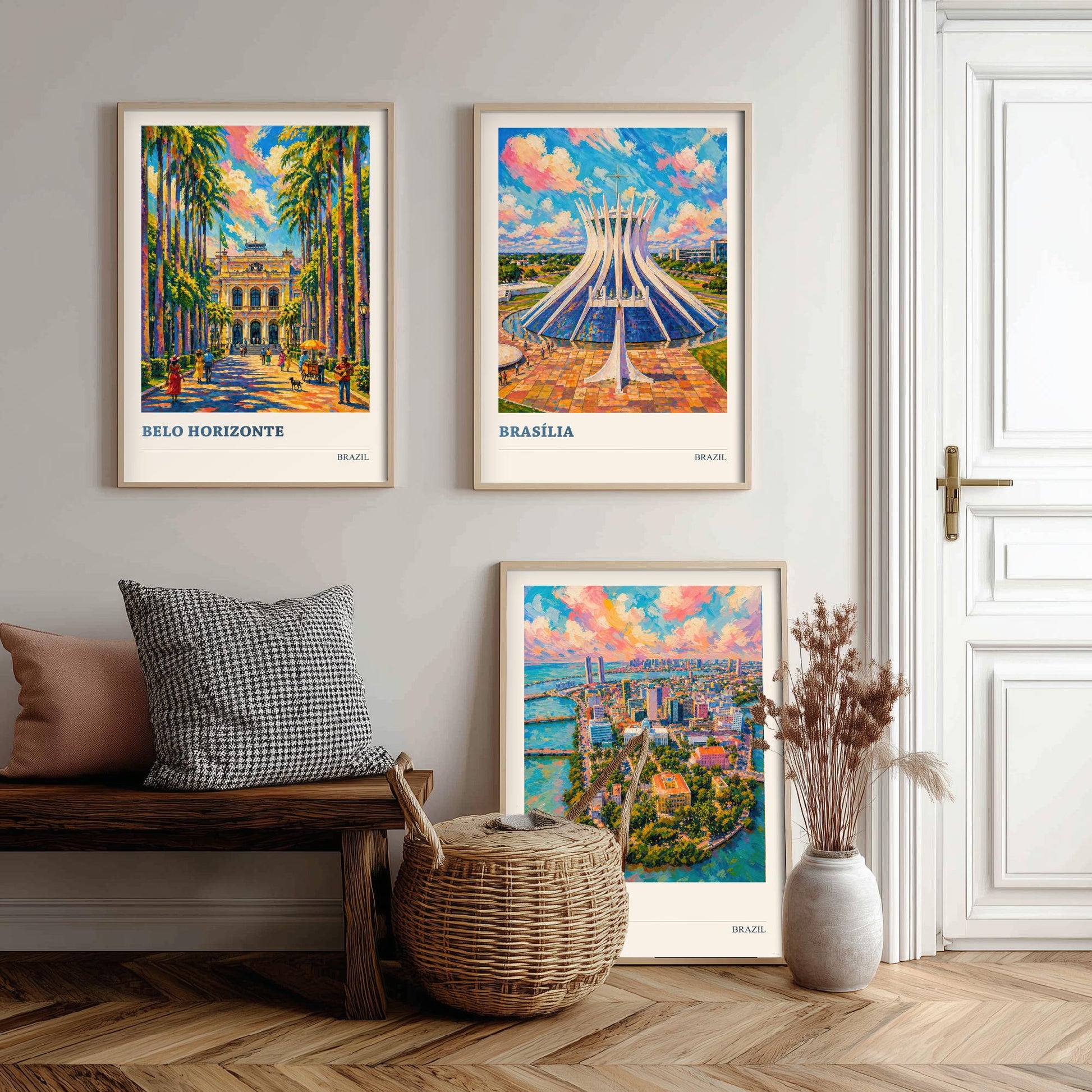 Brazil Set of Three Travel Posters V3 - Belo Horizonte, Brasilia, Recife - 3 Vibrant City Art Prints Painting Illustration Map Gift