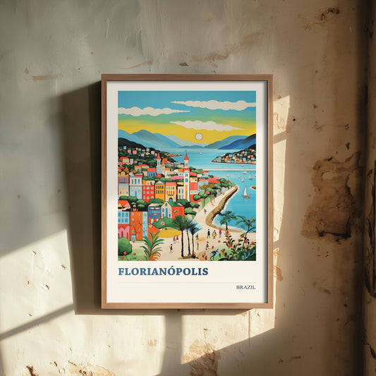 Florianopolis Travel Poster - Brazil Art Print - Vibrant Coastal Illustration - Island City Skyline