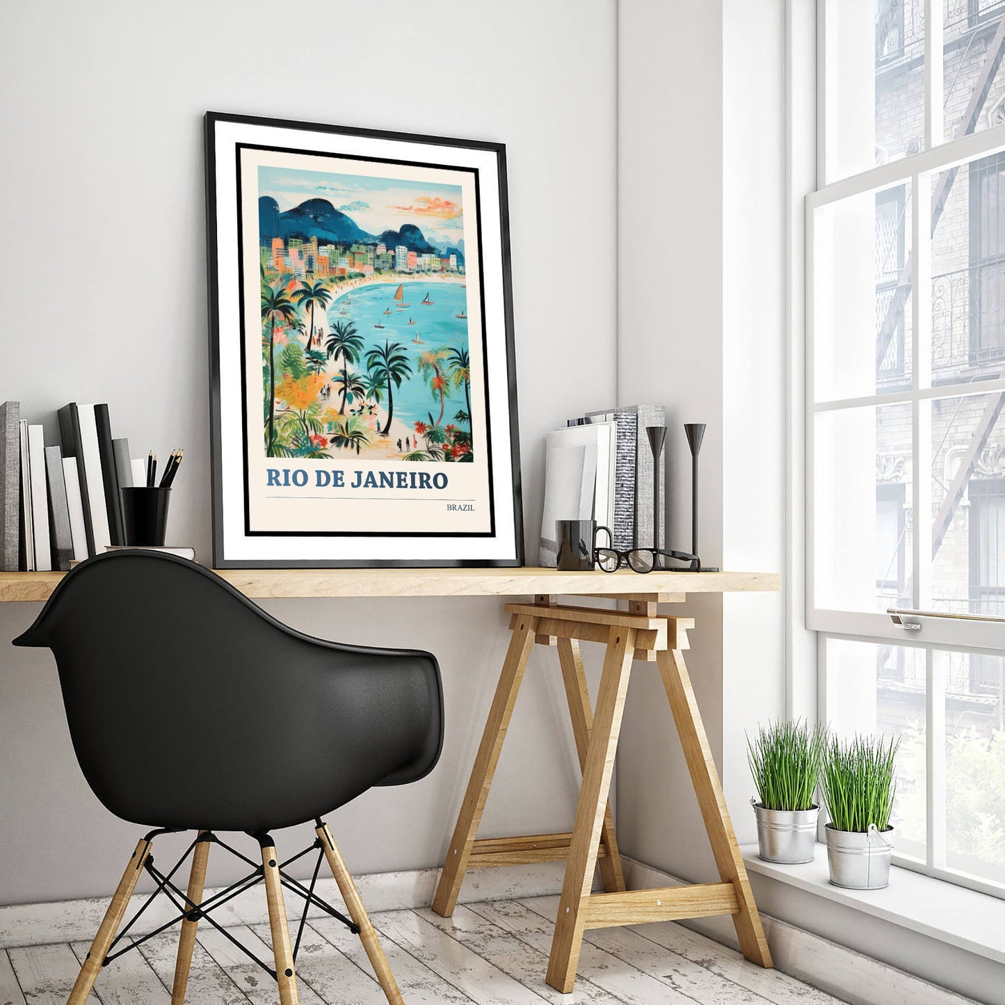 Rio de Janeiro Travel Poster - Brazil Art Print - Vibrant Folk Art Illustration - Beach and Mountains 1/3