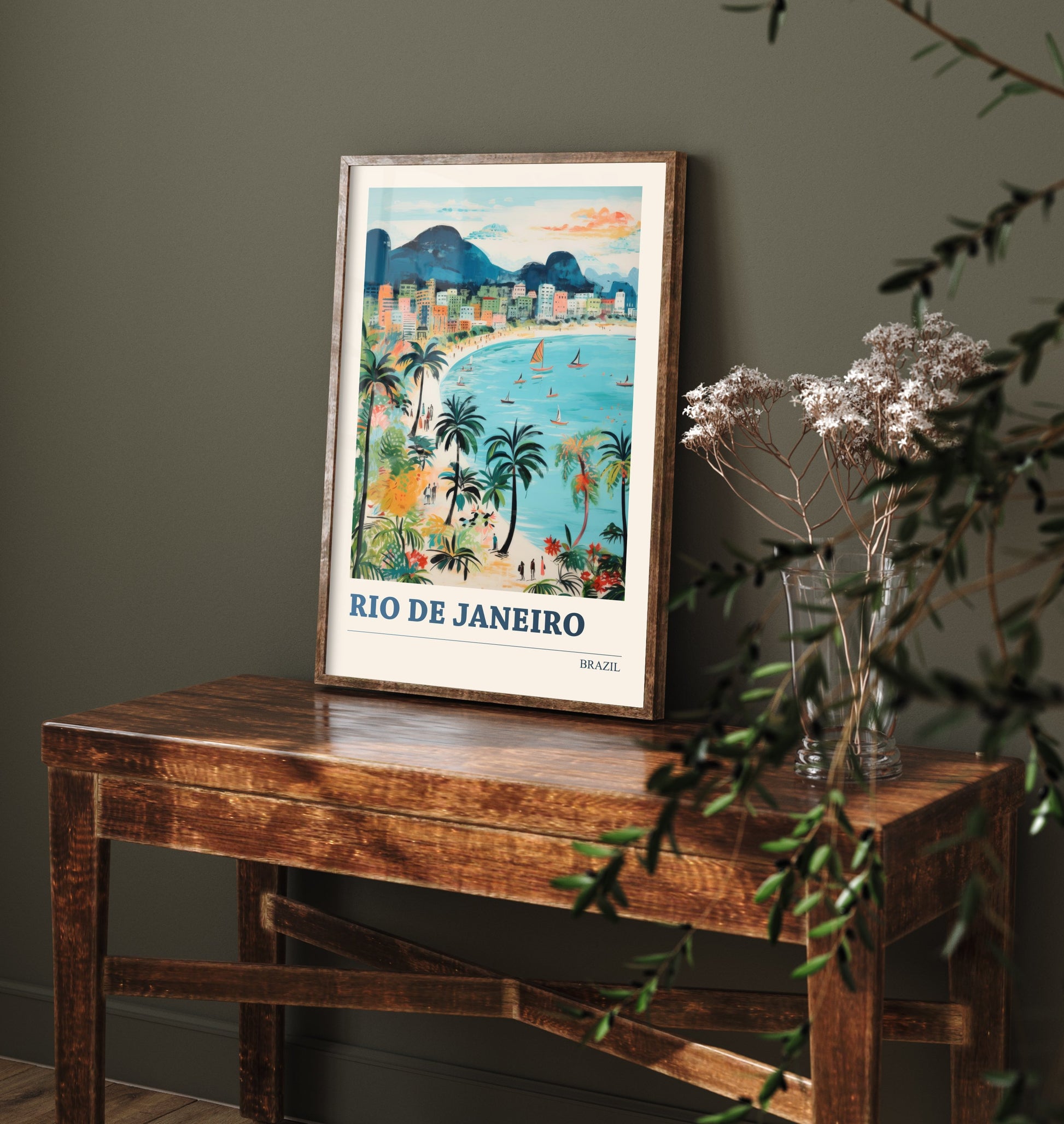 Rio de Janeiro Travel Poster - Brazil Art Print - Vibrant Folk Art Illustration - Beach and Mountains 1/3