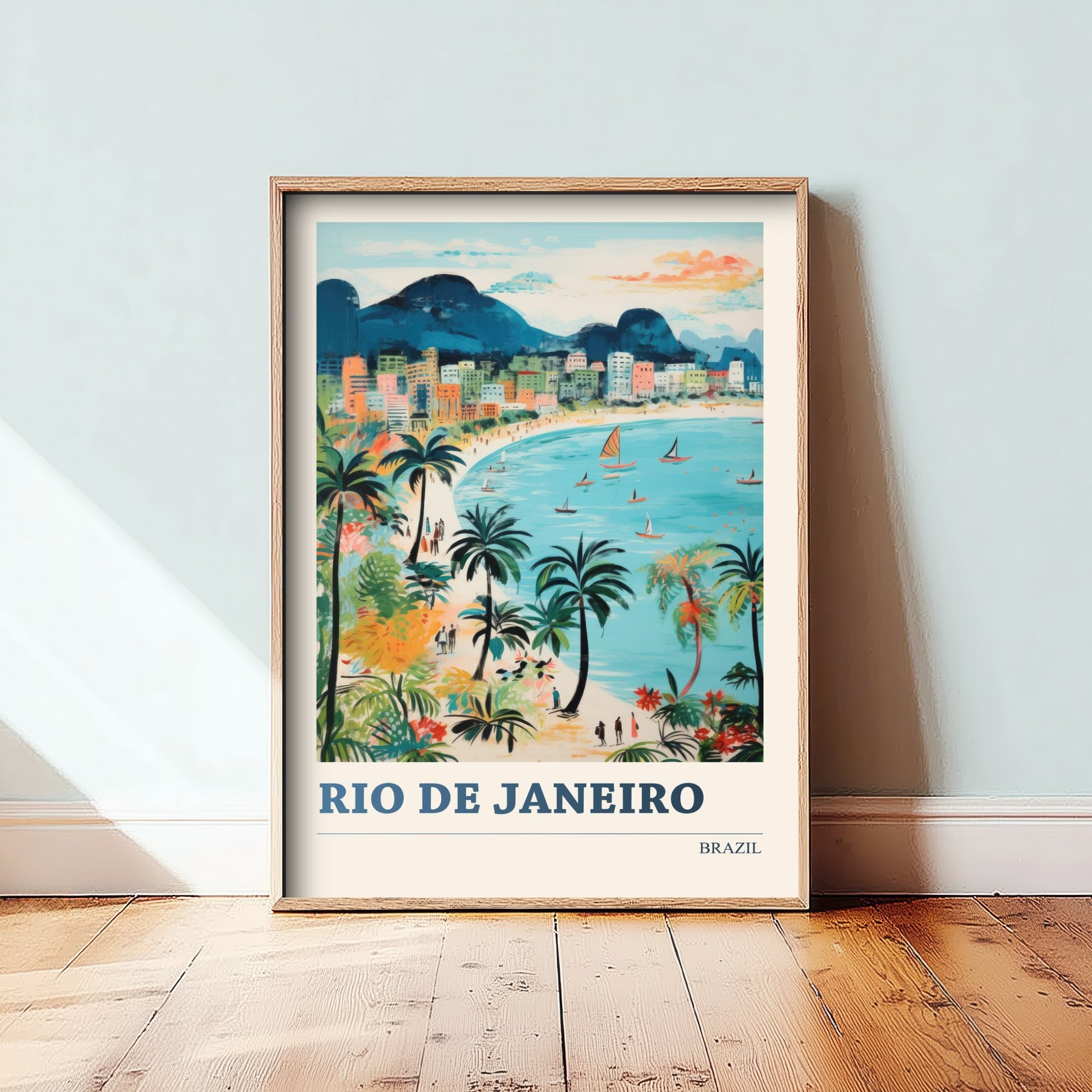 Rio de Janeiro Travel Poster - Brazil Art Print - Vibrant Folk Art Illustration - Beach and Mountains 1/3