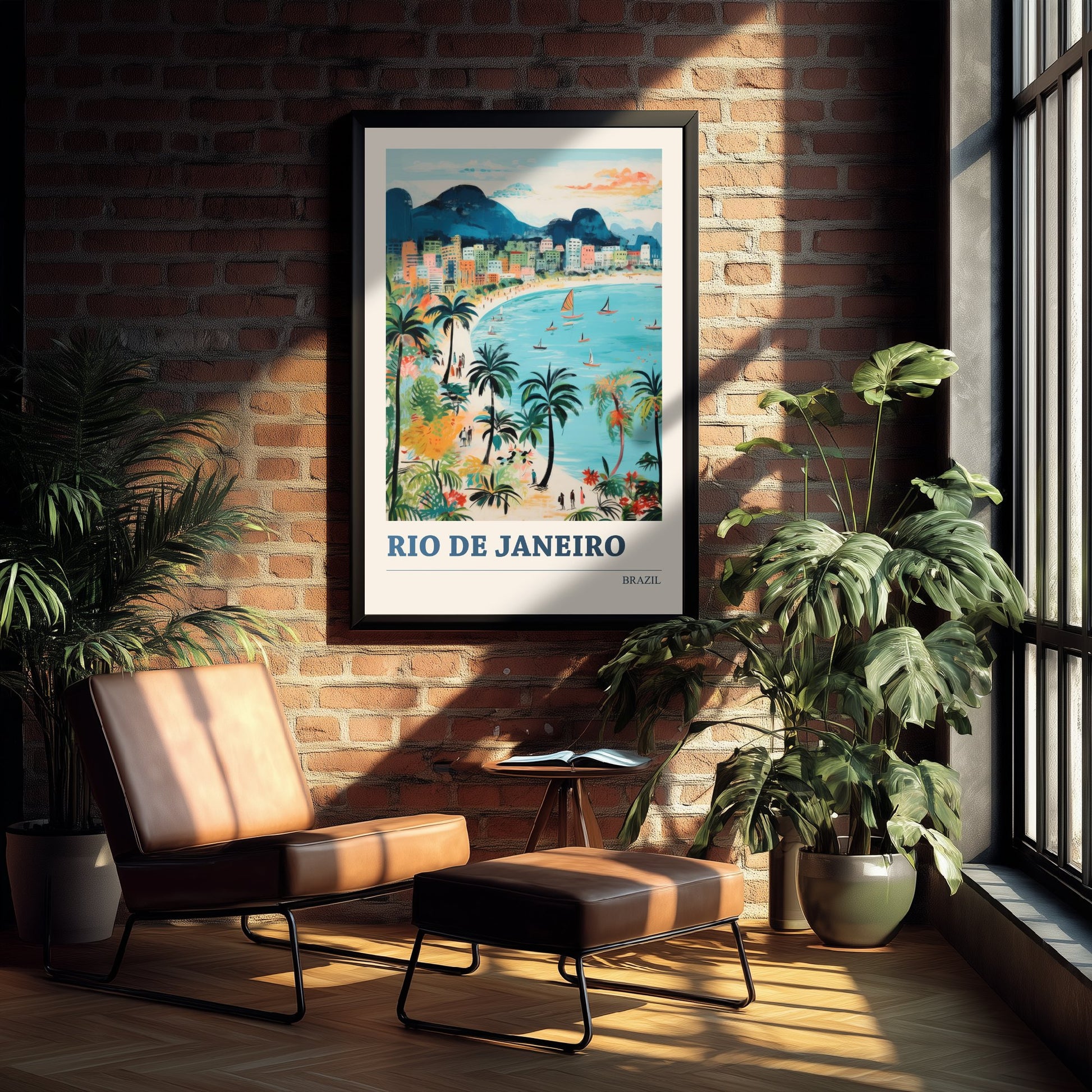 Rio de Janeiro Travel Poster - Brazil Art Print - Vibrant Folk Art Illustration - Beach and Mountains 1/3