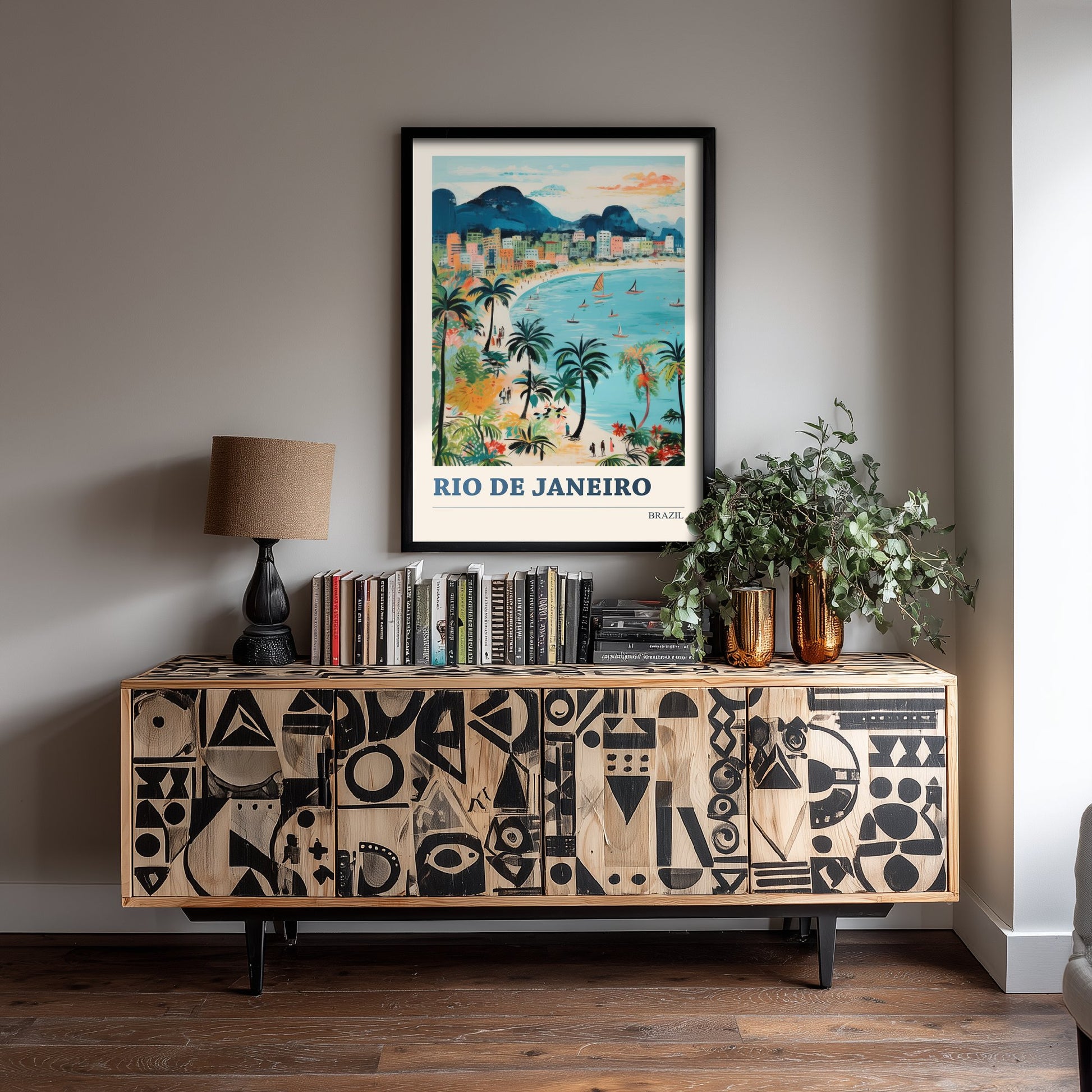 Rio de Janeiro Travel Poster - Brazil Art Print - Vibrant Folk Art Illustration - Beach and Mountains 1/3
