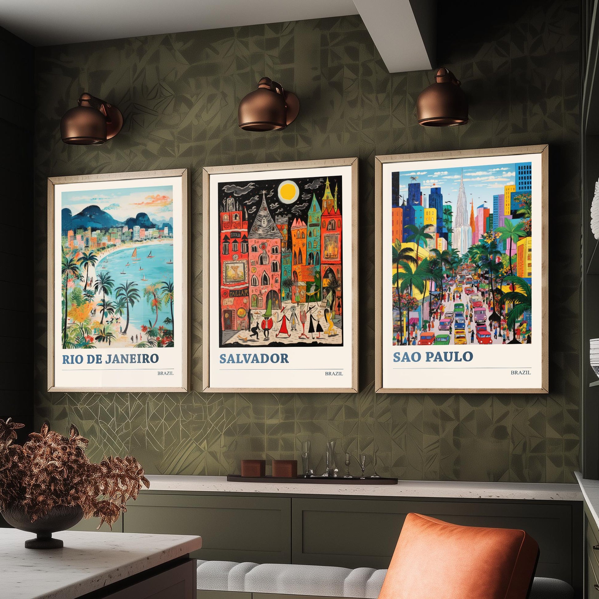Brazil Set of Three Prints | Rio de Janeiro Salvador Sao Paulo | Colourful Folk Art Travel Painting Wall Poster