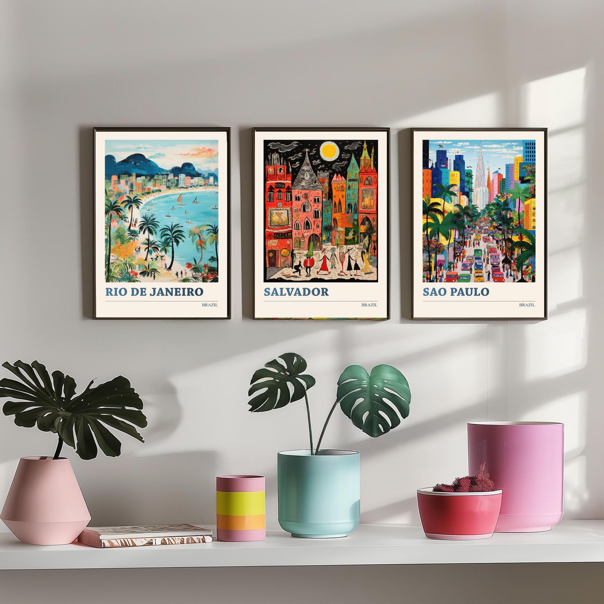 Brazil Set of Three Prints | Rio de Janeiro Salvador Sao Paulo | Colourful Folk Art Travel Painting Wall Poster