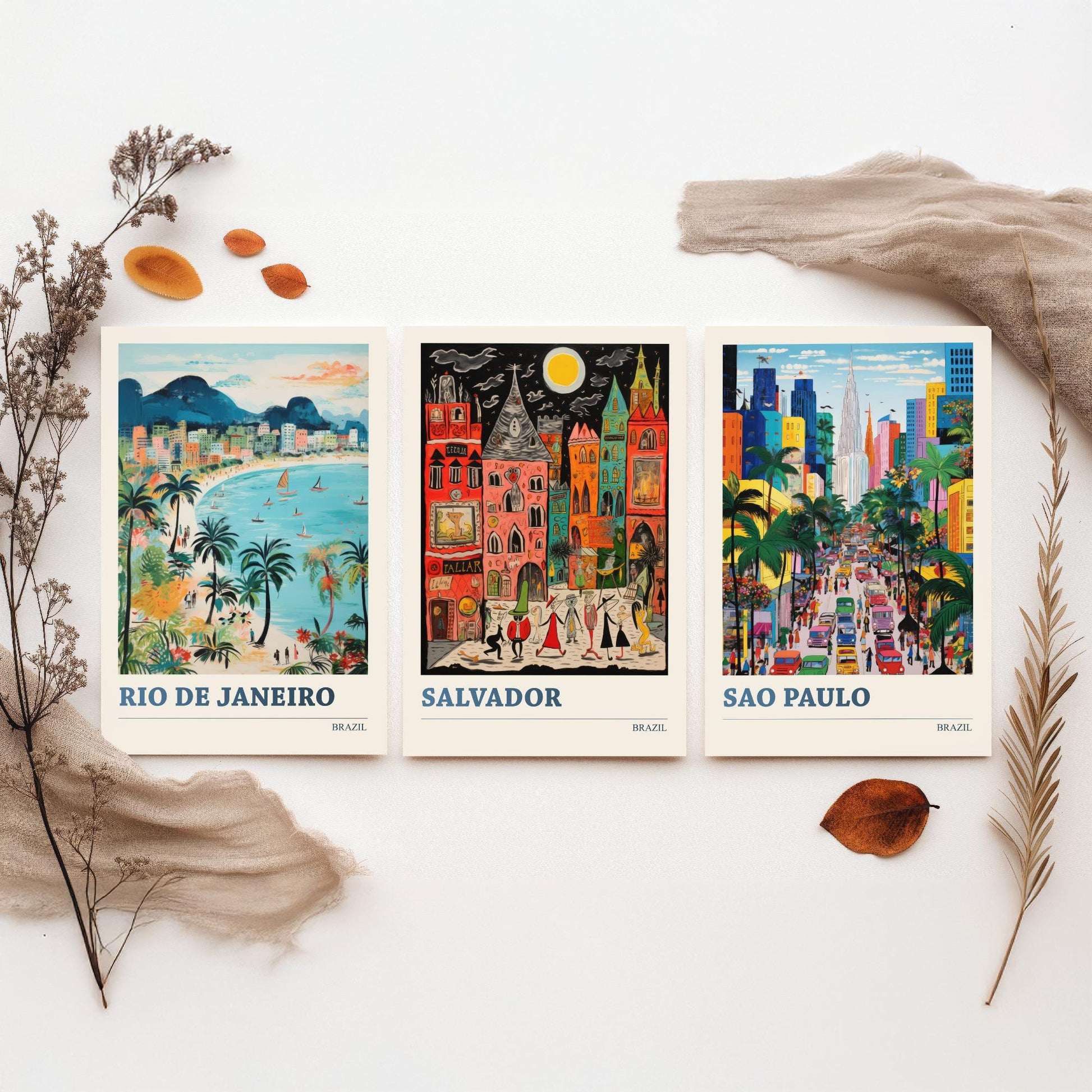 Brazil Set of Three Prints | Rio de Janeiro Salvador Sao Paulo | Colourful Folk Art Travel Painting Wall Poster