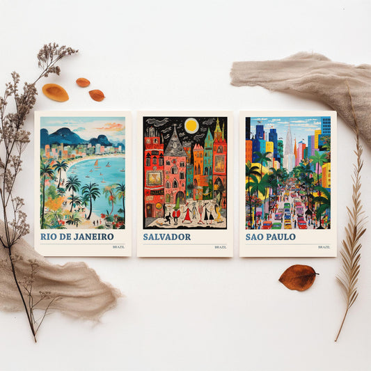 Brazil Set of Three Prints | Rio de Janeiro Salvador Sao Paulo | Colourful Folk Art Travel Painting Wall Poster