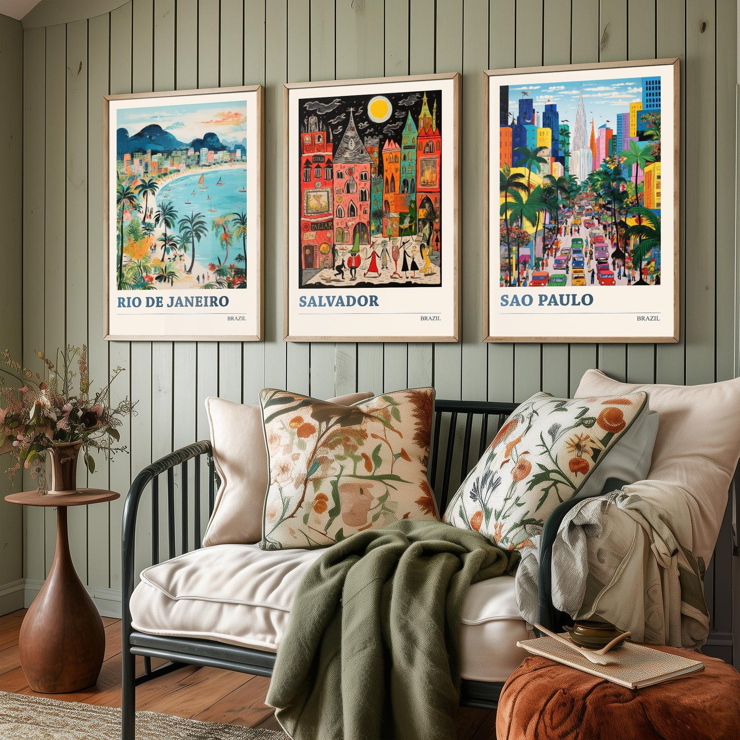 Brazil Set of Three Prints | Rio de Janeiro Salvador Sao Paulo | Colourful Folk Art Travel Painting Wall Poster