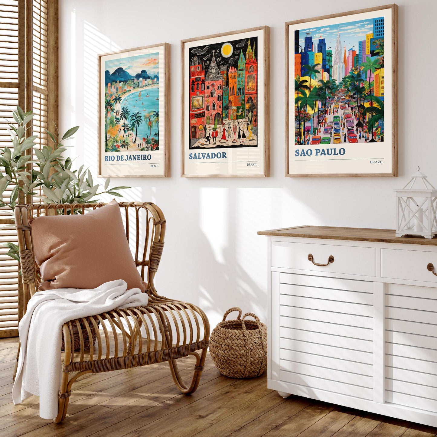 Brazil Set of Three Prints | Rio de Janeiro Salvador Sao Paulo | Colourful Folk Art Travel Painting Wall Poster