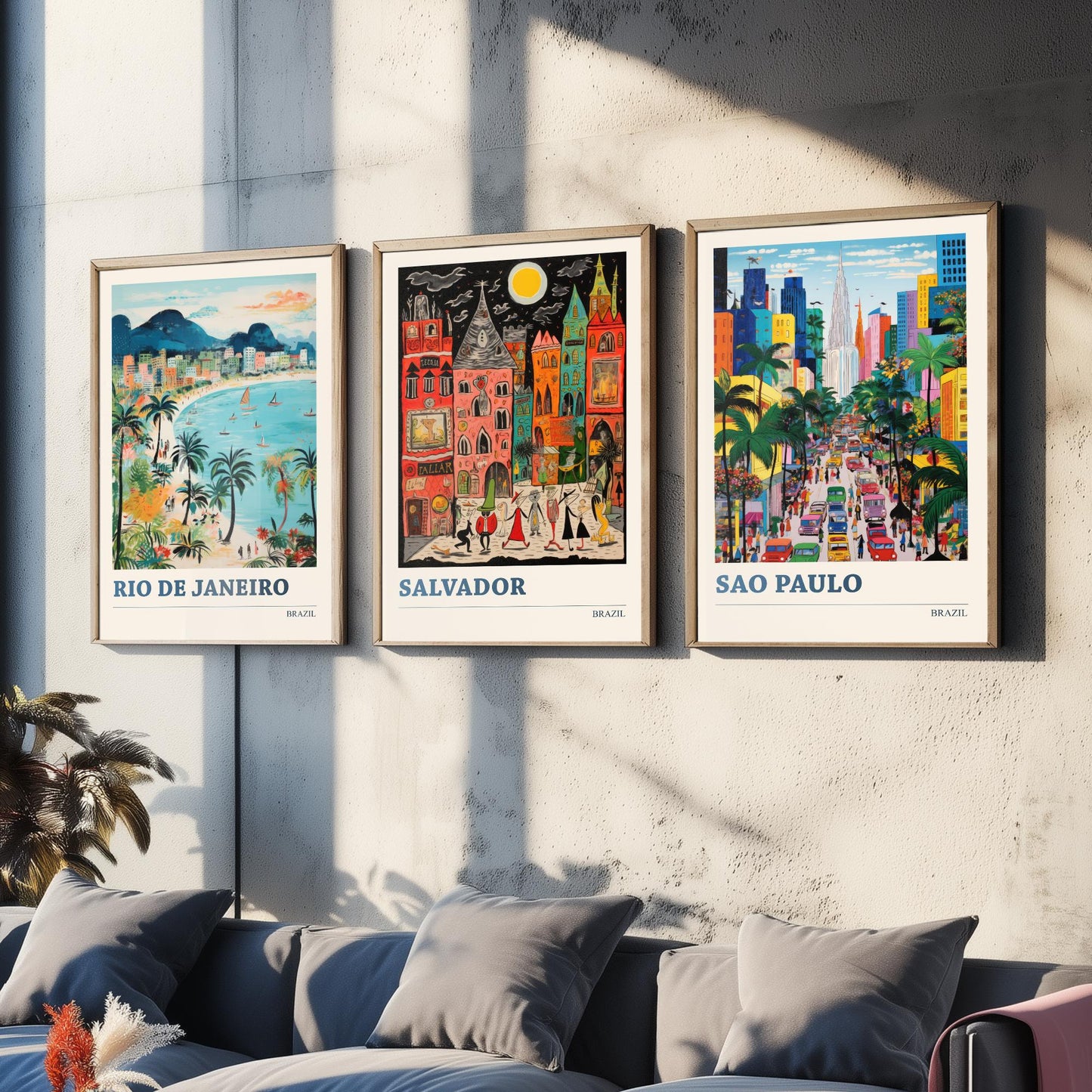 Brazil Set of Three Prints | Rio de Janeiro Salvador Sao Paulo | Colourful Folk Art Travel Painting Wall Poster