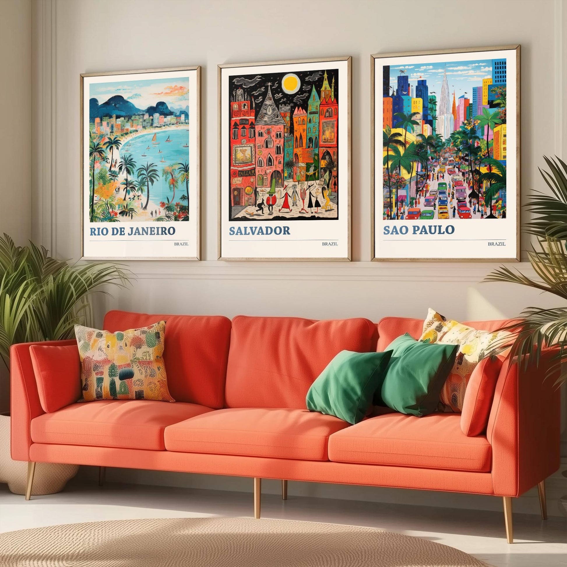 Brazil Set of Three Prints | Rio de Janeiro Salvador Sao Paulo | Colourful Folk Art Travel Painting Wall Poster