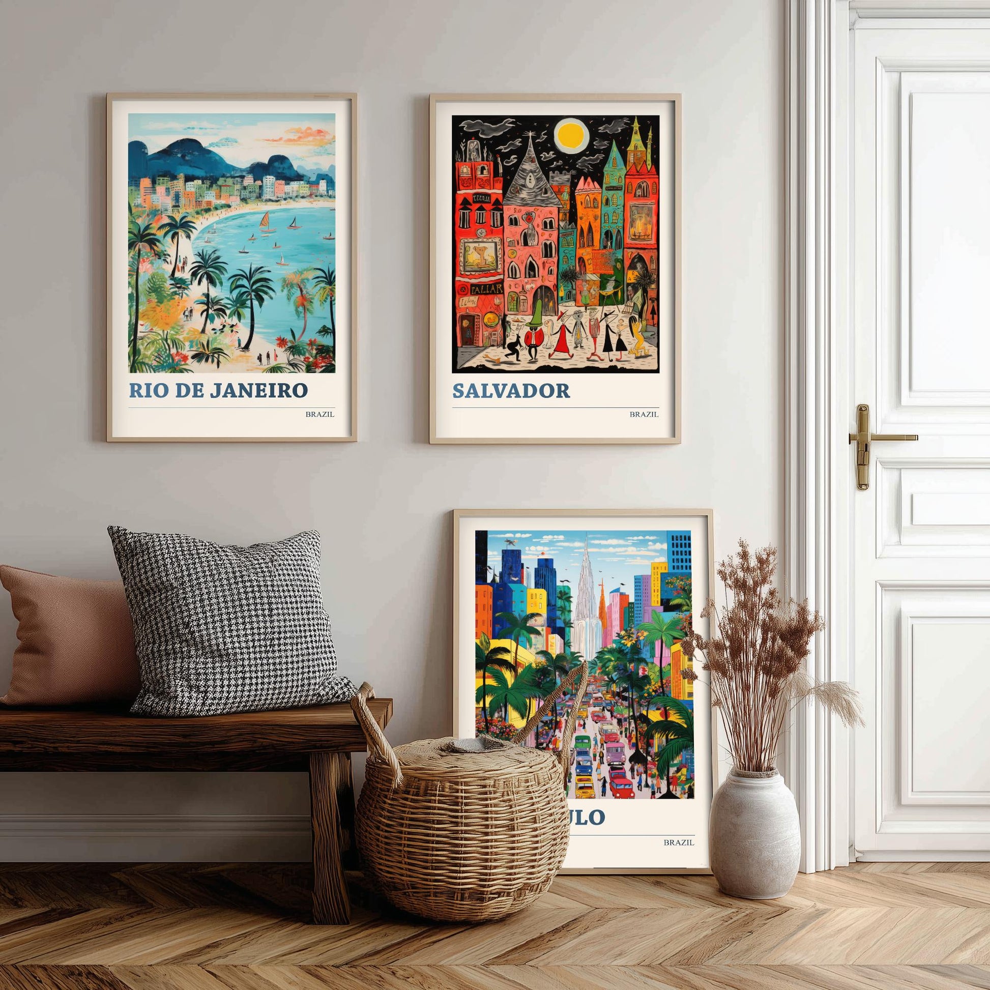 Brazil Set of Three Prints | Rio de Janeiro Salvador Sao Paulo | Colourful Folk Art Travel Painting Wall Poster