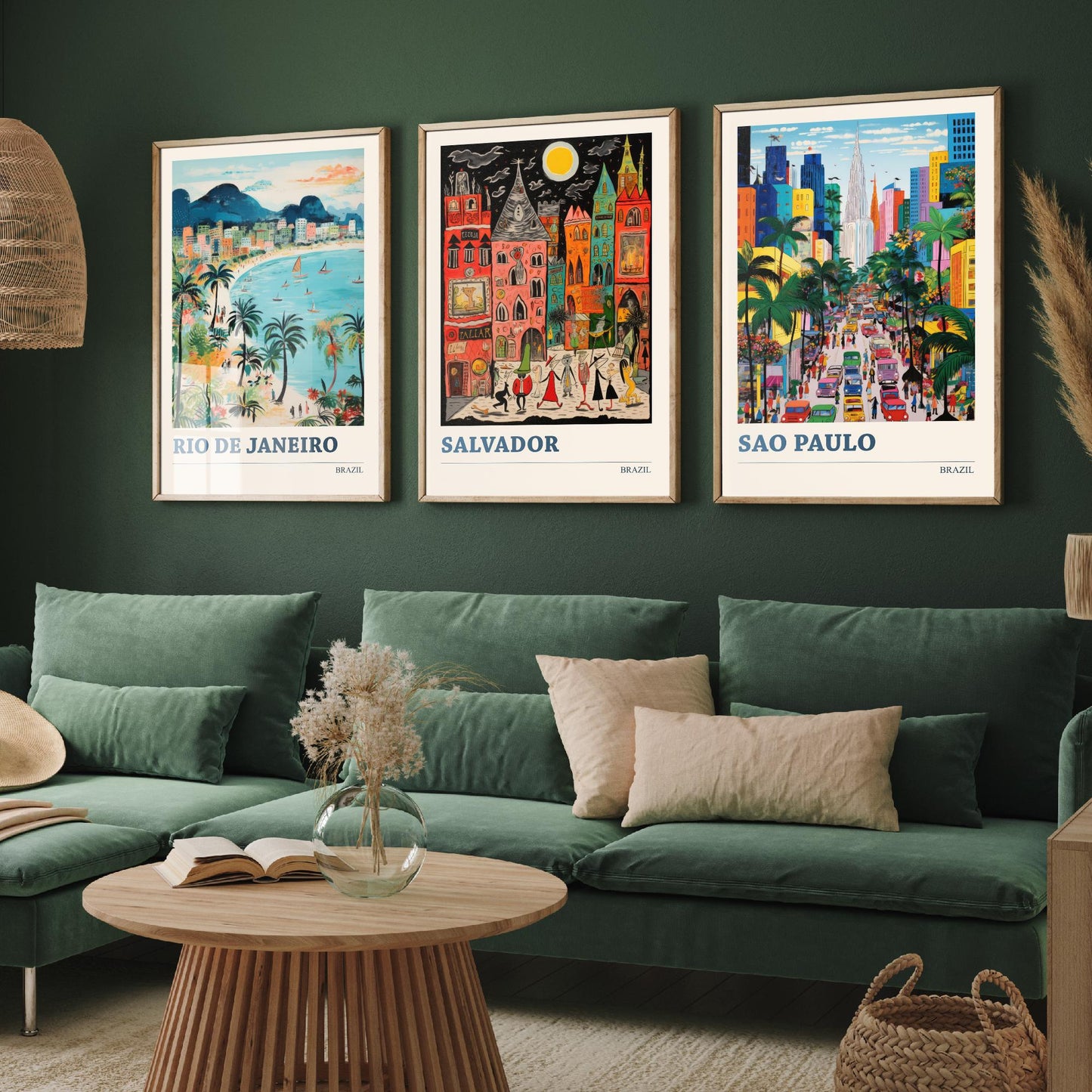 Brazil Set of Three Prints | Rio de Janeiro Salvador Sao Paulo | Colourful Folk Art Travel Painting Wall Poster
