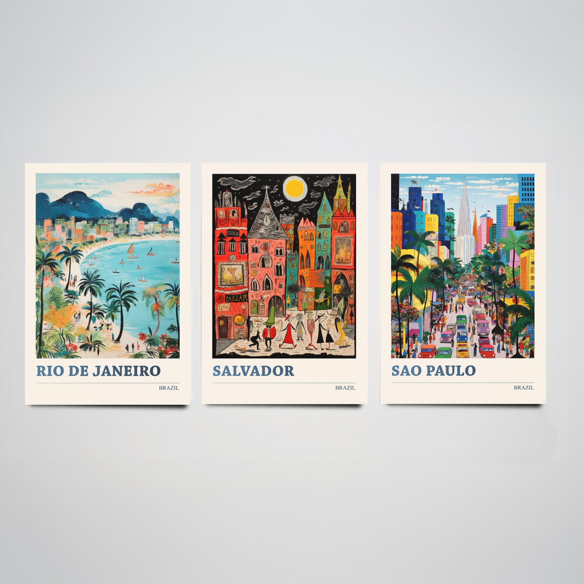 Brazil Set of Three Prints | Rio de Janeiro Salvador Sao Paulo | Colourful Folk Art Travel Painting Wall Poster