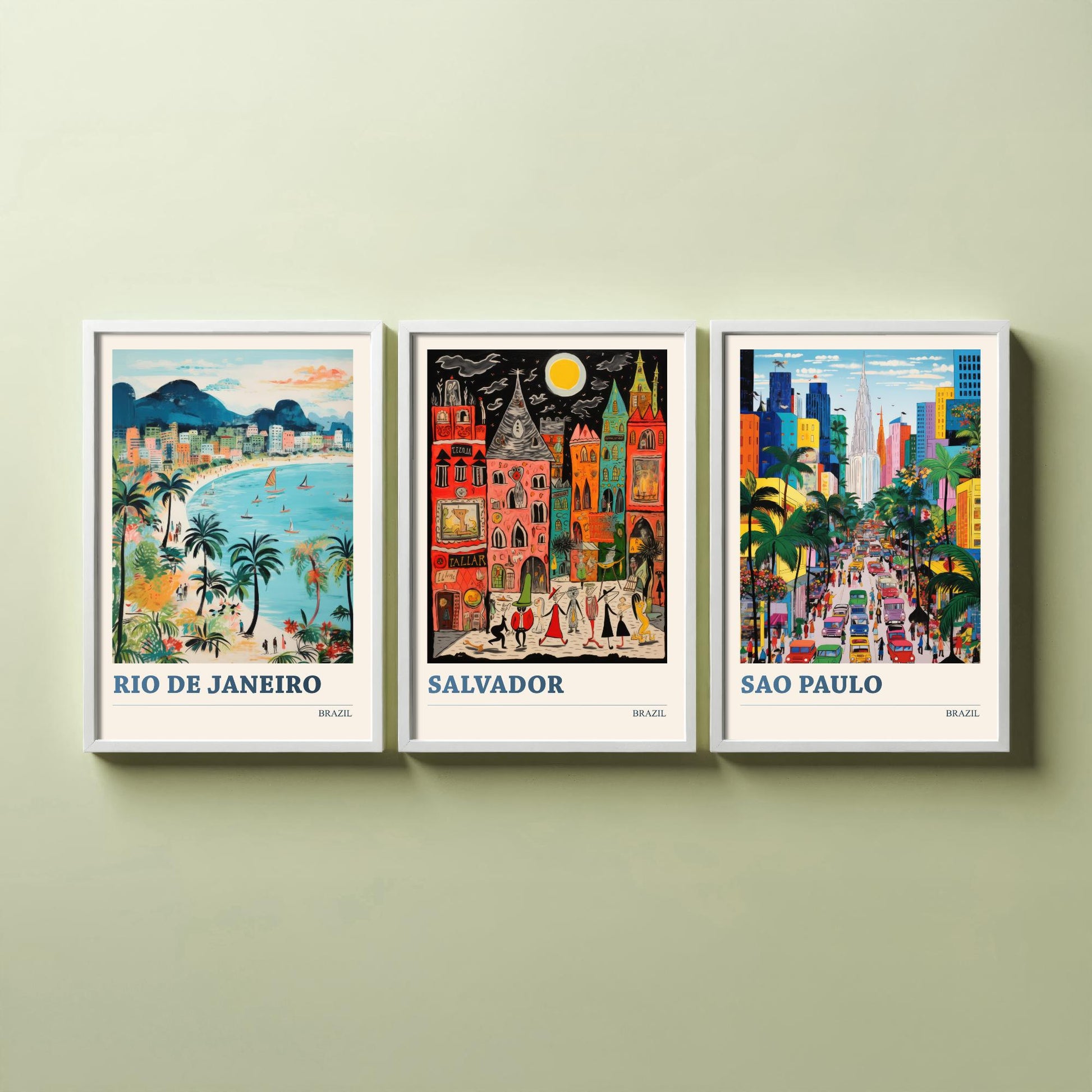 Brazil Set of Three Prints | Rio de Janeiro Salvador Sao Paulo | Colourful Folk Art Travel Painting Wall Poster