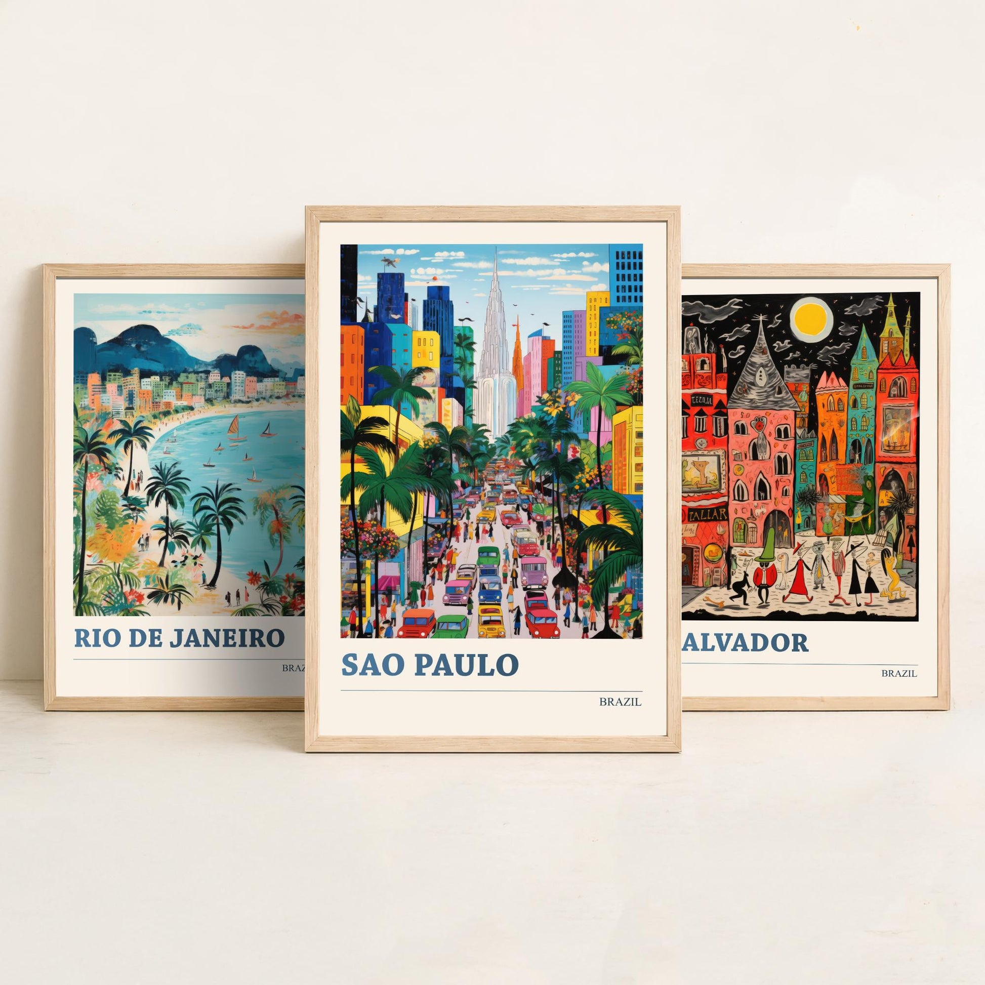 Brazil Set of Three Prints | Rio de Janeiro Salvador Sao Paulo | Colourful Folk Art Travel Painting Wall Poster