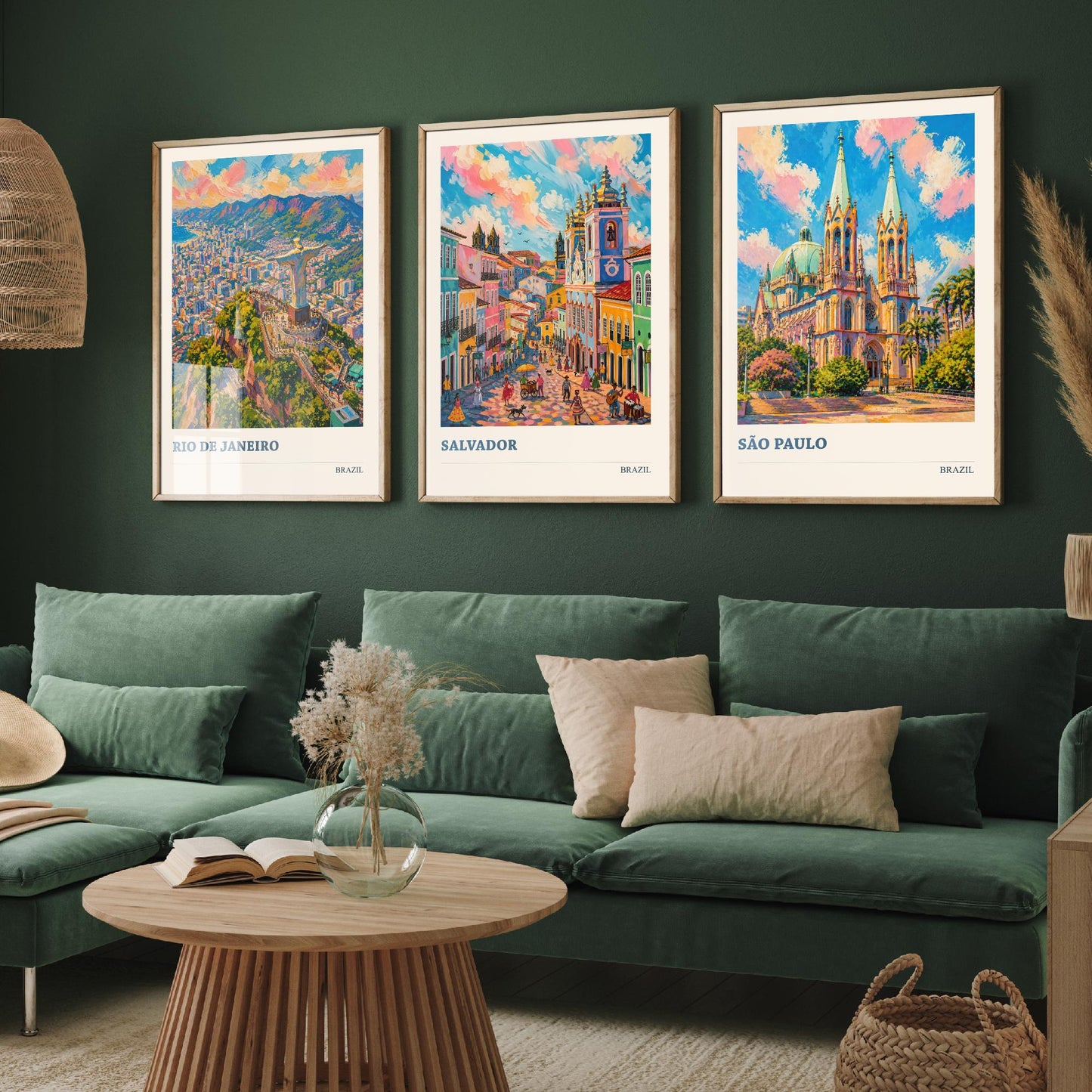 Brazil Travel Set of Three Art Prints V2 - Rio de Janeiro, Salvador, Sao Paulo - 3 Vibrant City Posters Painting Illustration Map