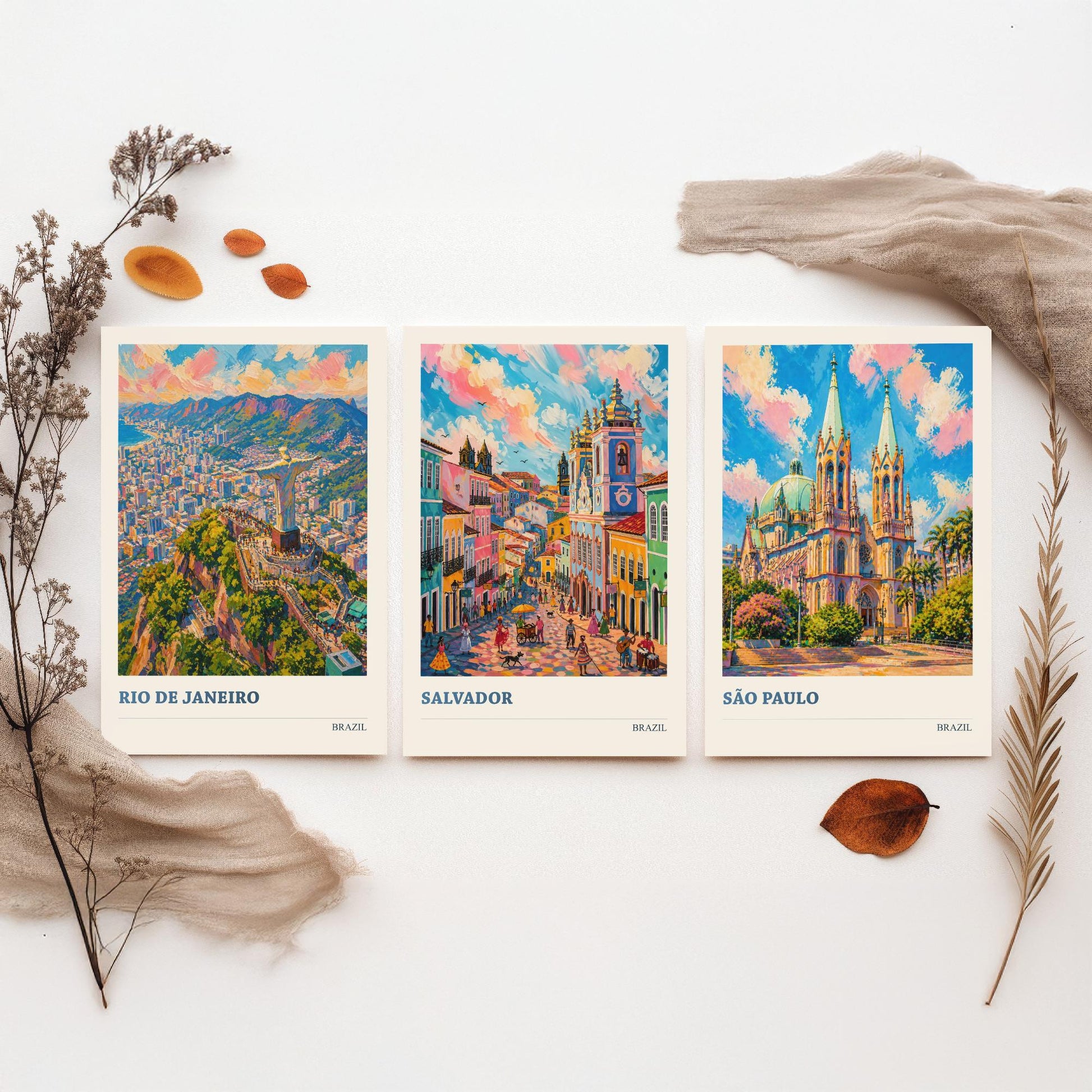 Brazil Travel Set of Three Art Prints V2 - Rio de Janeiro, Salvador, Sao Paulo - 3 Vibrant City Posters Painting Illustration Map