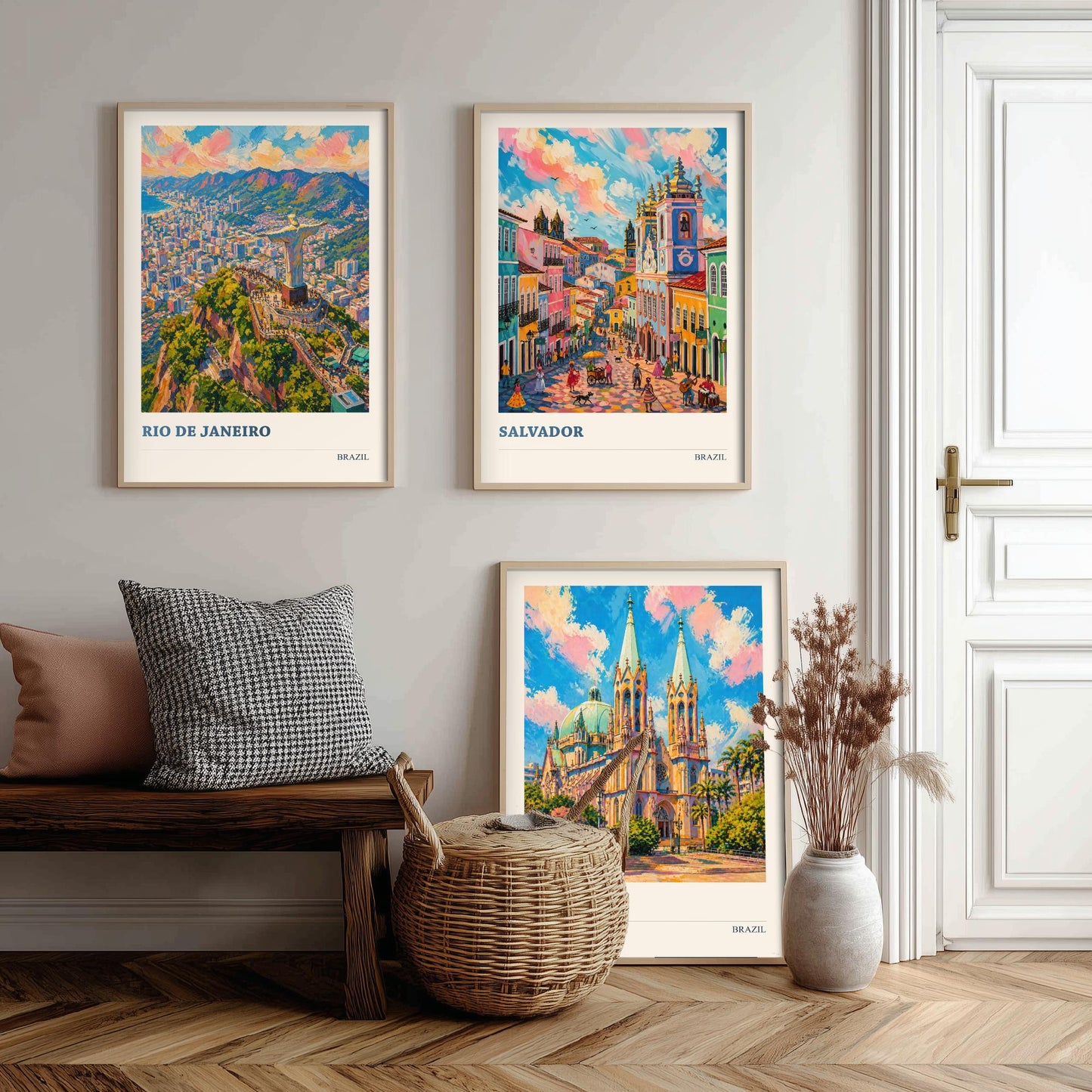 Brazil Travel Set of Three Art Prints V2 - Rio de Janeiro, Salvador, Sao Paulo - 3 Vibrant City Posters Painting Illustration Map