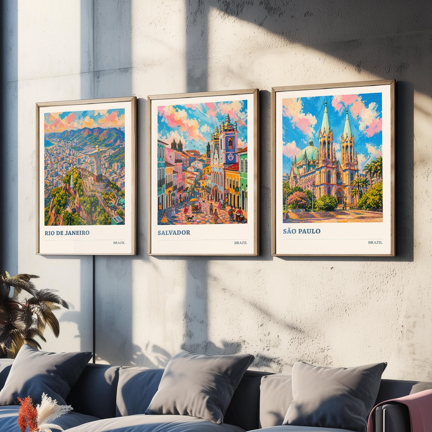 Brazil Travel Set of Three Art Prints V2 - Rio de Janeiro, Salvador, Sao Paulo - 3 Vibrant City Posters Painting Illustration Map
