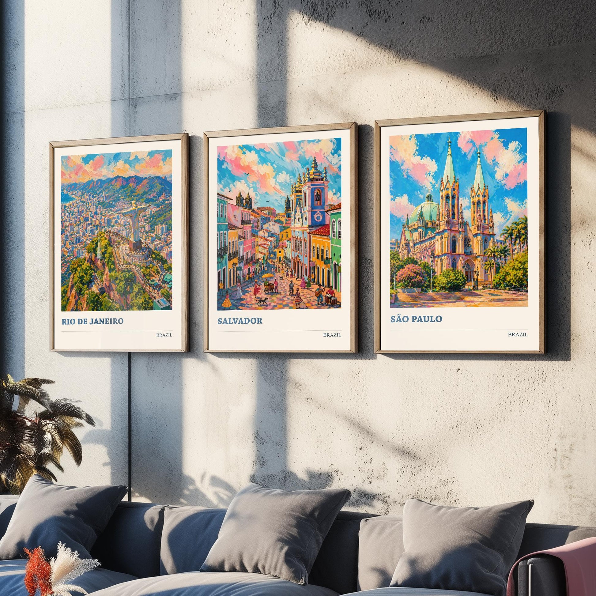 Brazil Travel Set of Three Art Prints V2 - Rio de Janeiro, Salvador, Sao Paulo - 3 Vibrant City Posters Painting Illustration Map