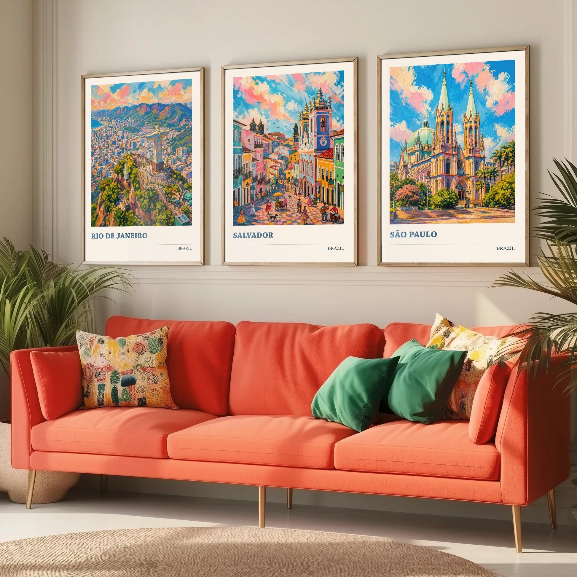 Brazil Travel Set of Three Art Prints V2 - Rio de Janeiro, Salvador, Sao Paulo - 3 Vibrant City Posters Painting Illustration Map