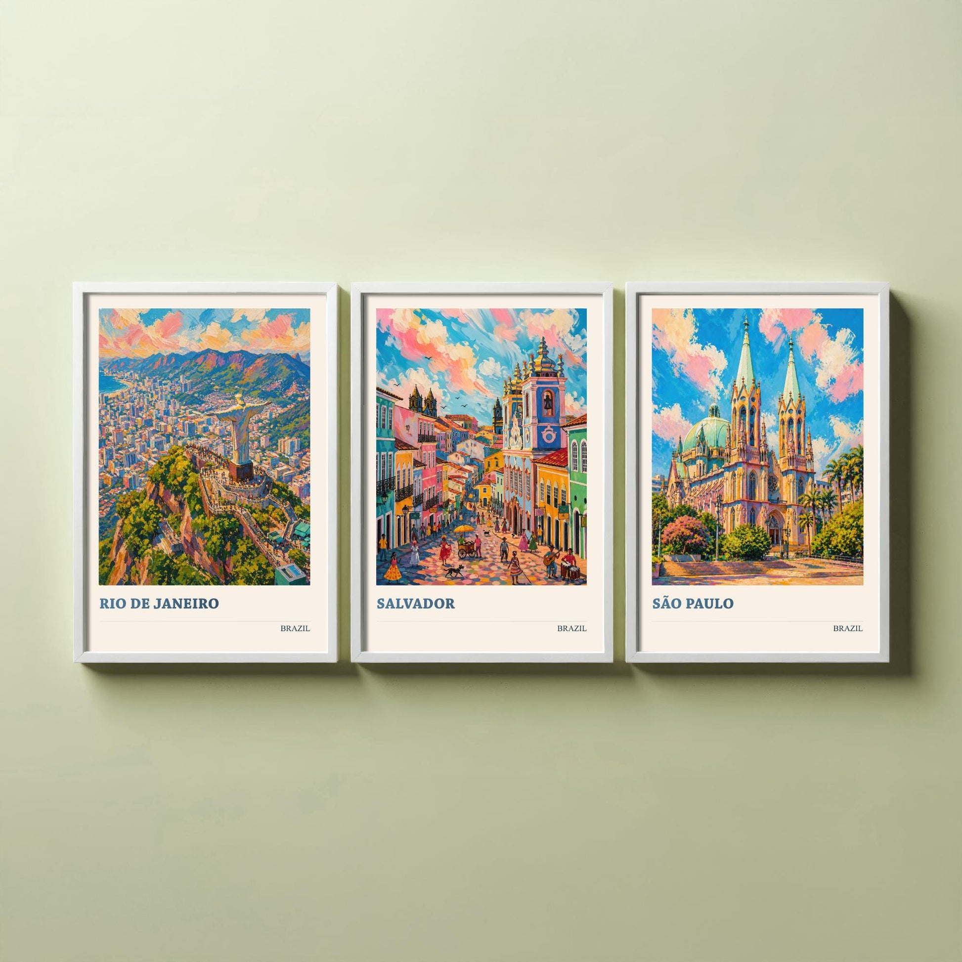 Brazil Travel Set of Three Art Prints V2 - Rio de Janeiro, Salvador, Sao Paulo - 3 Vibrant City Posters Painting Illustration Map