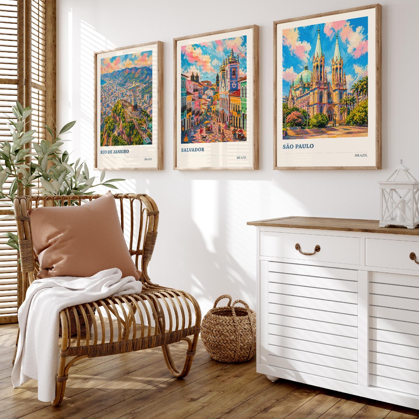 Brazil Travel Set of Three Art Prints V2 - Rio de Janeiro, Salvador, Sao Paulo - 3 Vibrant City Posters Painting Illustration Map