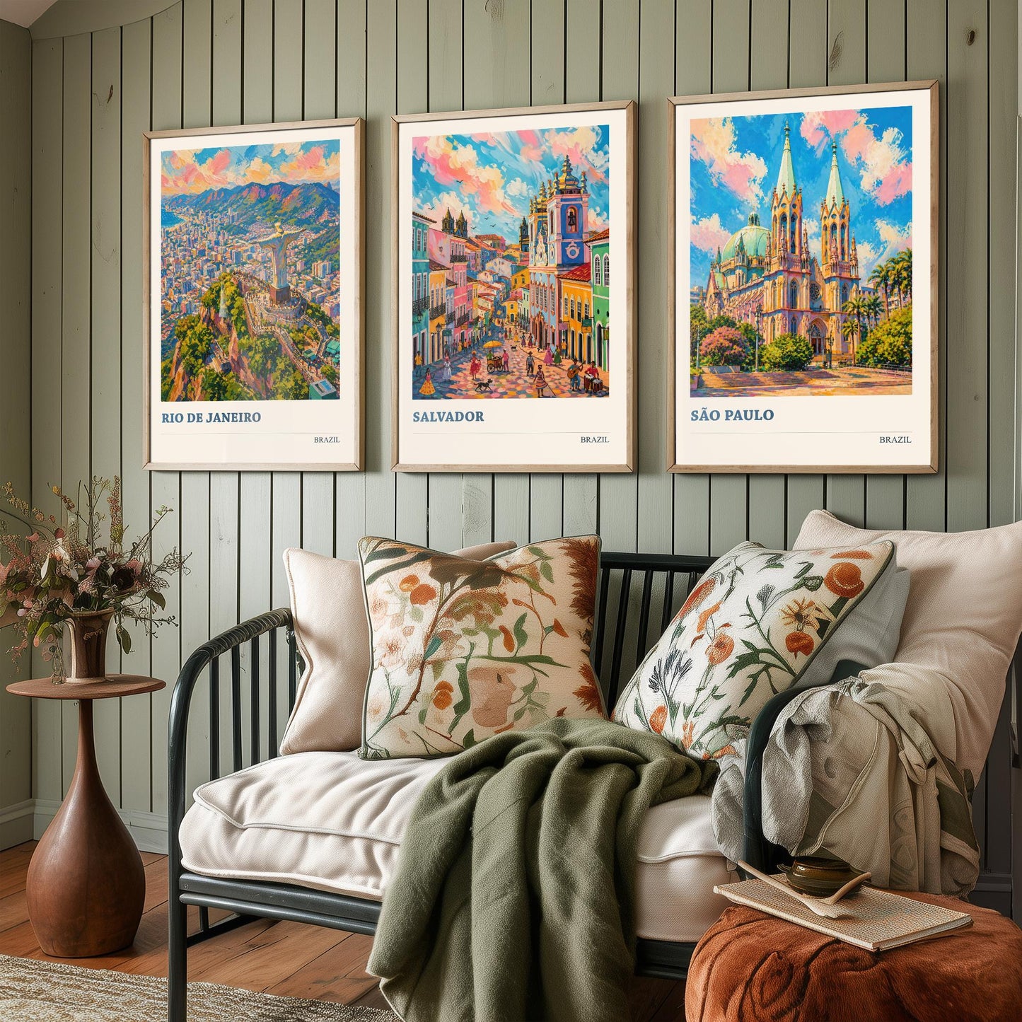 Brazil Travel Set of Three Art Prints V2 - Rio de Janeiro, Salvador, Sao Paulo - 3 Vibrant City Posters Painting Illustration Map