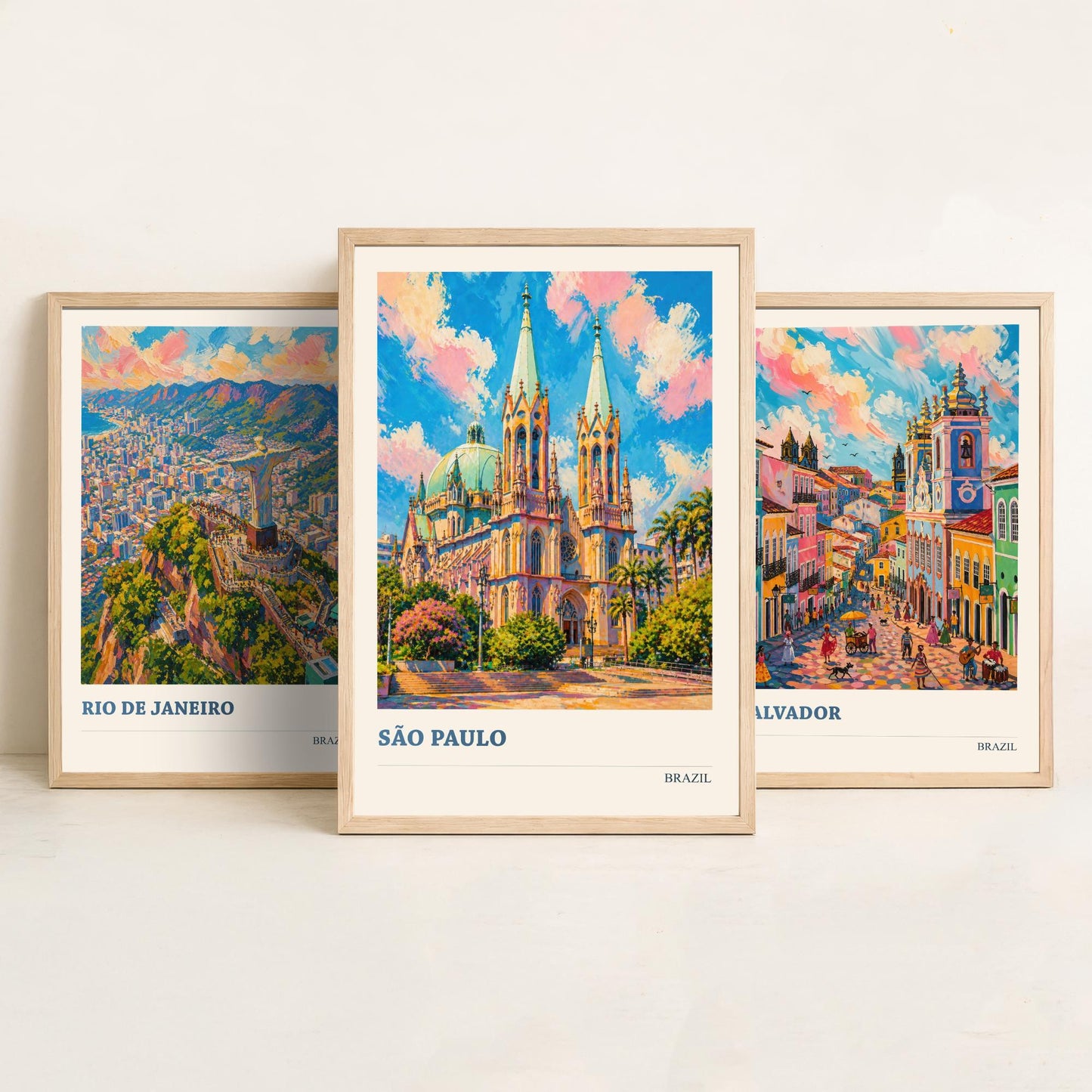 Brazil Travel Set of Three Art Prints V2 - Rio de Janeiro, Salvador, Sao Paulo - 3 Vibrant City Posters Painting Illustration Map