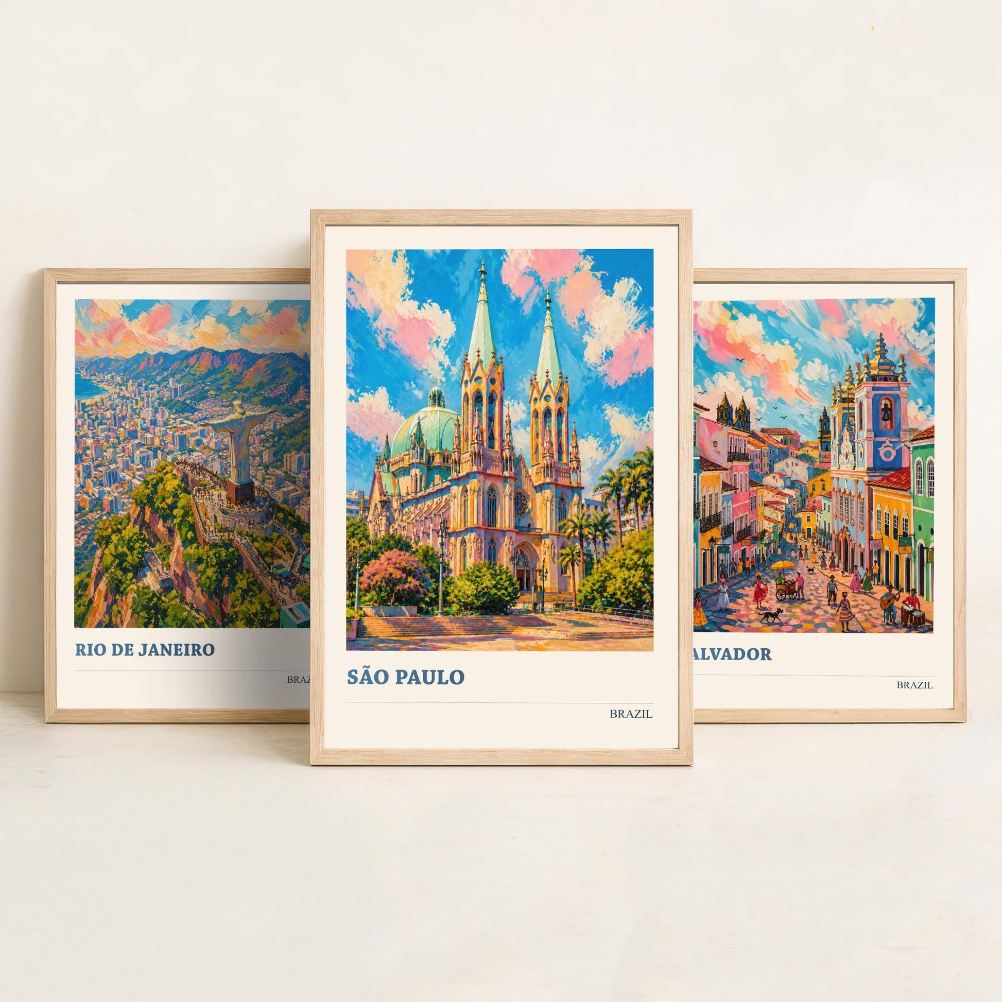 Brazil Travel Set of Three Art Prints V2 - Rio de Janeiro, Salvador, Sao Paulo - 3 Vibrant City Posters Painting Illustration Map