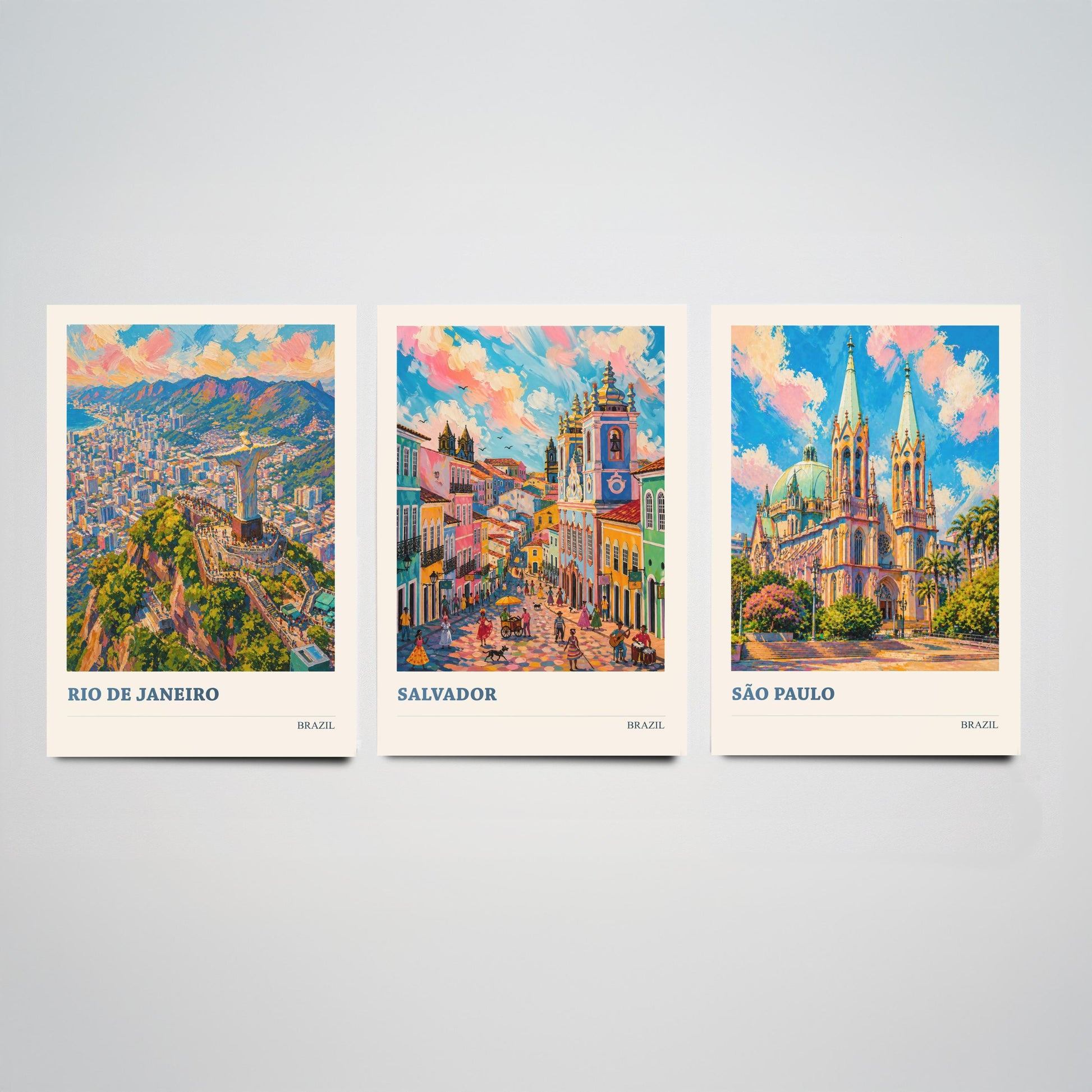 Brazil Travel Set of Three Art Prints V2 - Rio de Janeiro, Salvador, Sao Paulo - 3 Vibrant City Posters Painting Illustration Map
