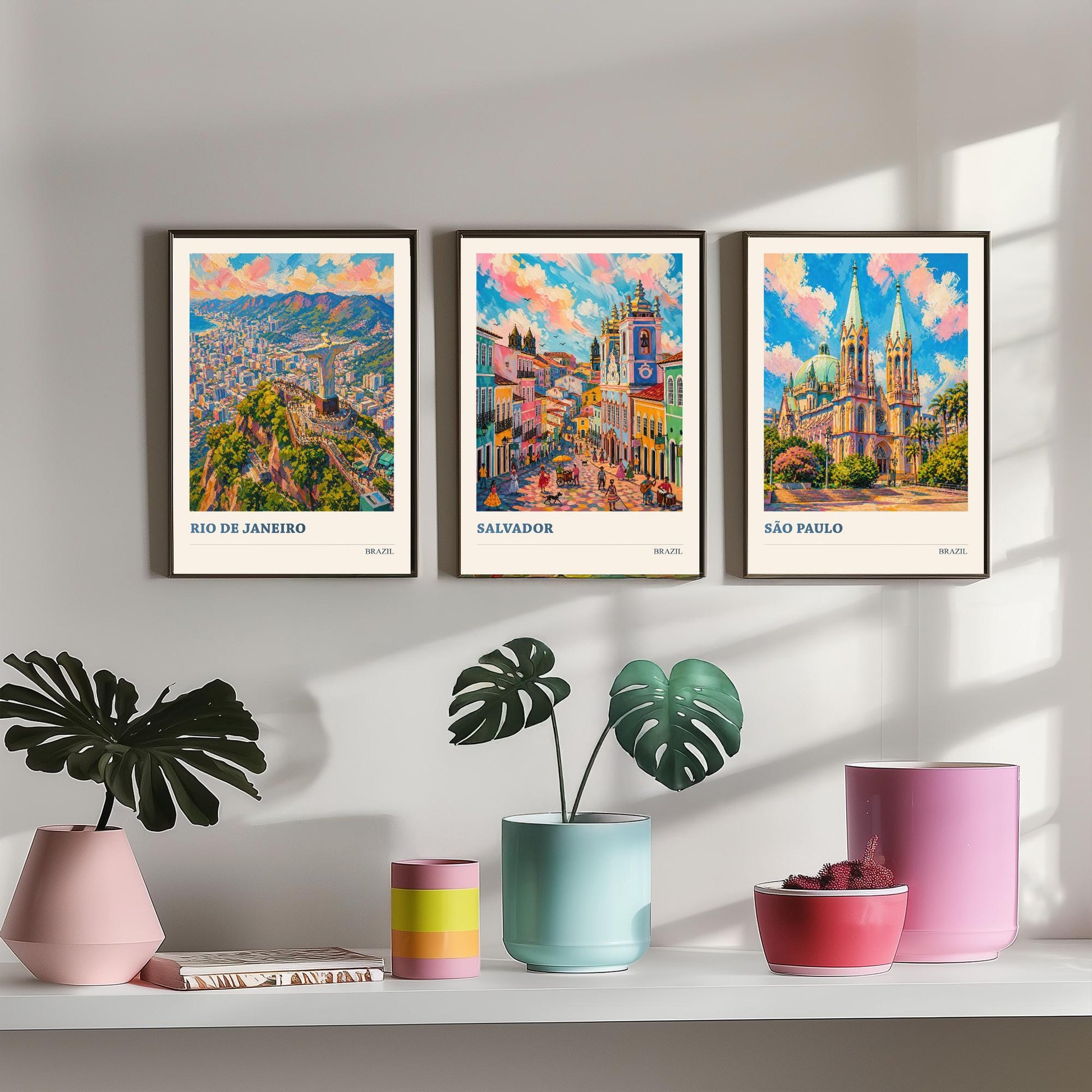 Brazil Travel Set of Three Art Prints V2 - Rio de Janeiro, Salvador, Sao Paulo - 3 Vibrant City Posters Painting Illustration Map