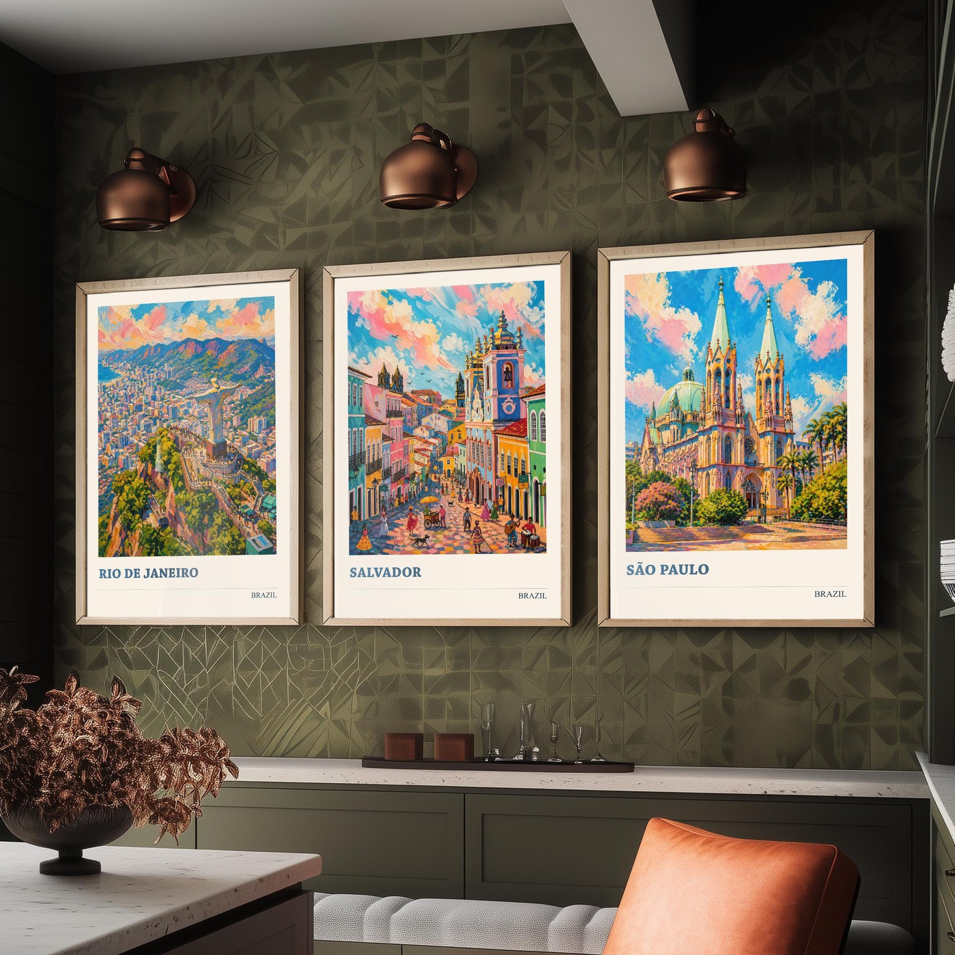 Brazil Travel Set of Three Art Prints V2 - Rio de Janeiro, Salvador, Sao Paulo - 3 Vibrant City Posters Painting Illustration Map
