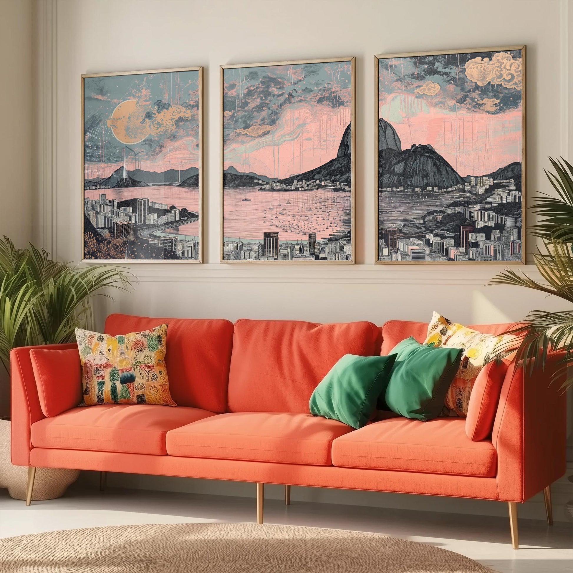 Rio de Janeiro Skyline Set of Three Art Prints - Sugarloaf Guanabara Bay Panorama - Pink Grey Line Illustration Poster Wall Decor