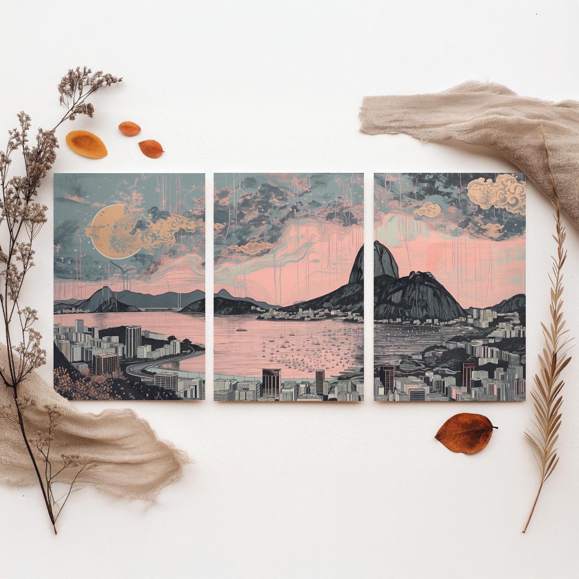 Rio de Janeiro Skyline Set of Three Art Prints - Sugarloaf Guanabara Bay Panorama - Pink Grey Line Illustration Poster Wall Decor