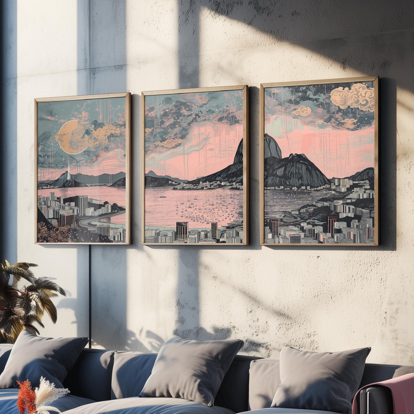 Rio de Janeiro Skyline Set of Three Art Prints - Sugarloaf Guanabara Bay Panorama - Pink Grey Line Illustration Poster Wall Decor