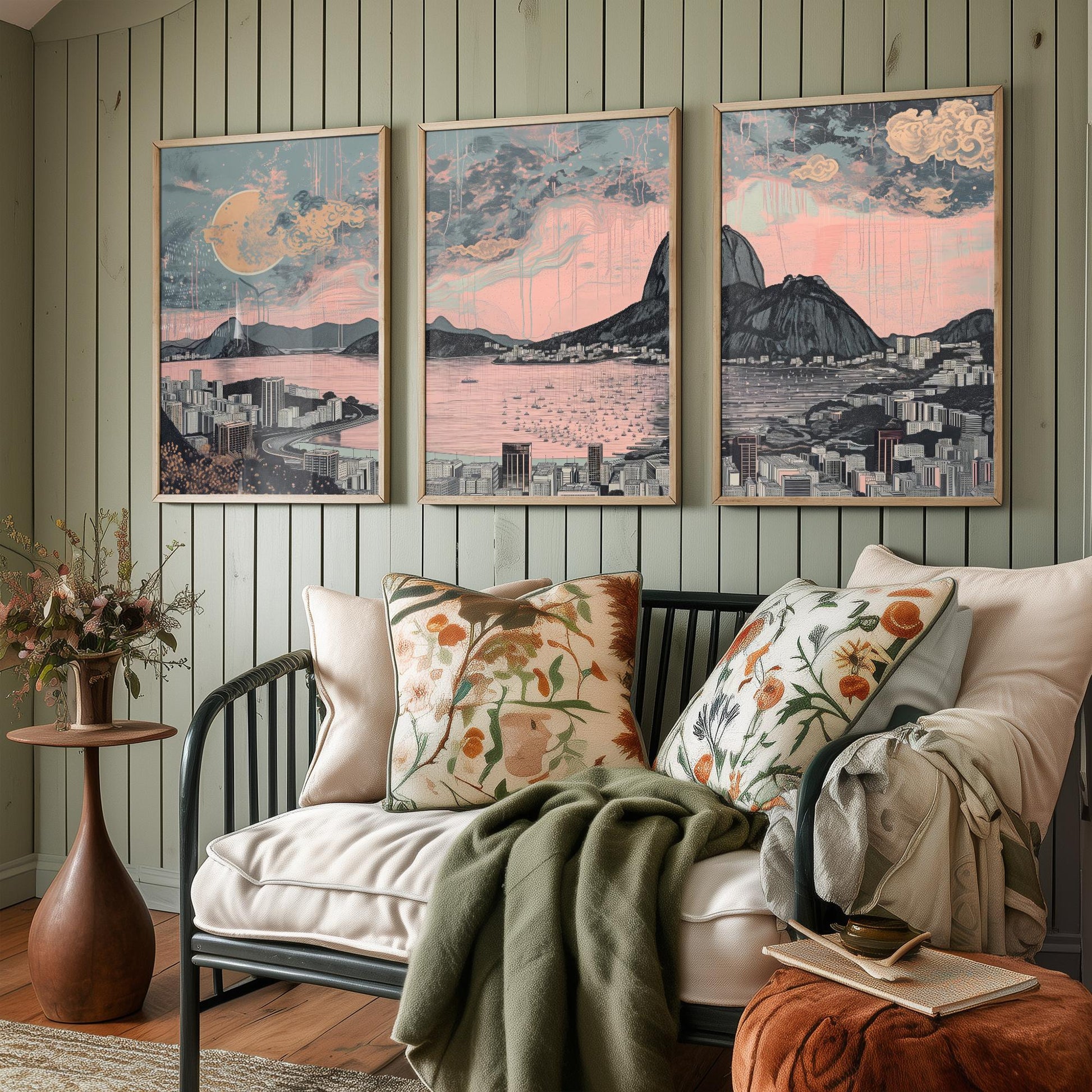 Rio de Janeiro Skyline Set of Three Art Prints - Sugarloaf Guanabara Bay Panorama - Pink Grey Line Illustration Poster Wall Decor