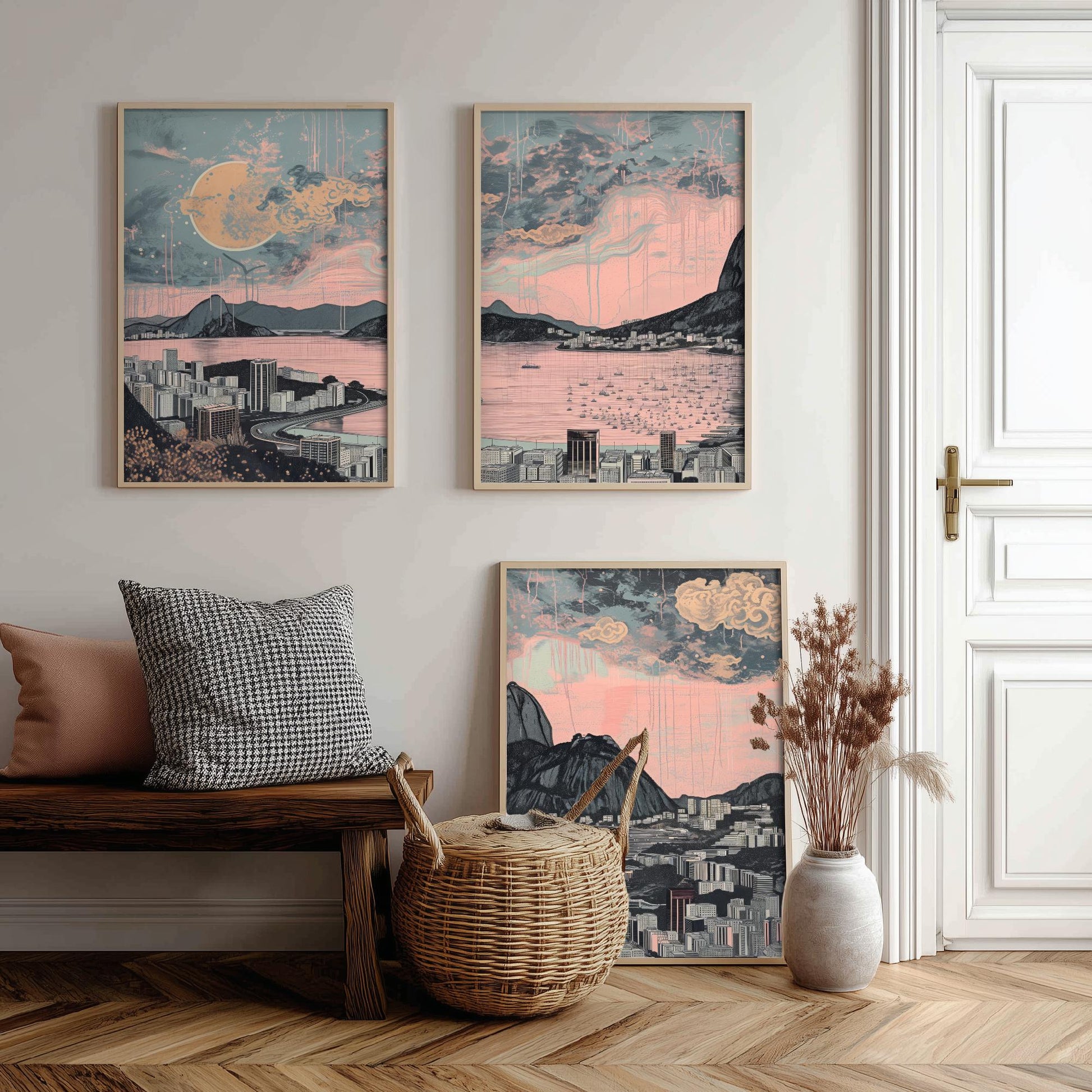 Rio de Janeiro Skyline Set of Three Art Prints - Sugarloaf Guanabara Bay Panorama - Pink Grey Line Illustration Poster Wall Decor