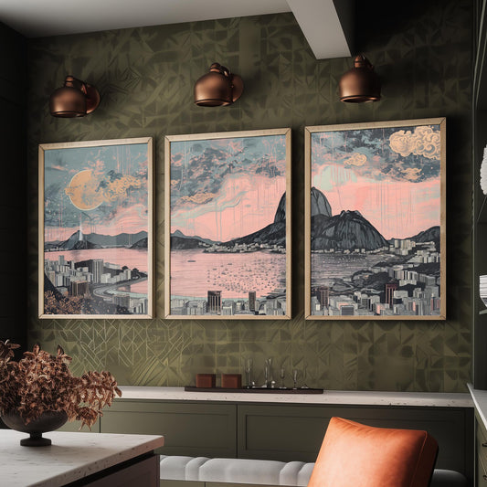 Rio de Janeiro Skyline Set of Three Art Prints - Sugarloaf Guanabara Bay Panorama - Pink Grey Line Illustration Poster Wall Decor