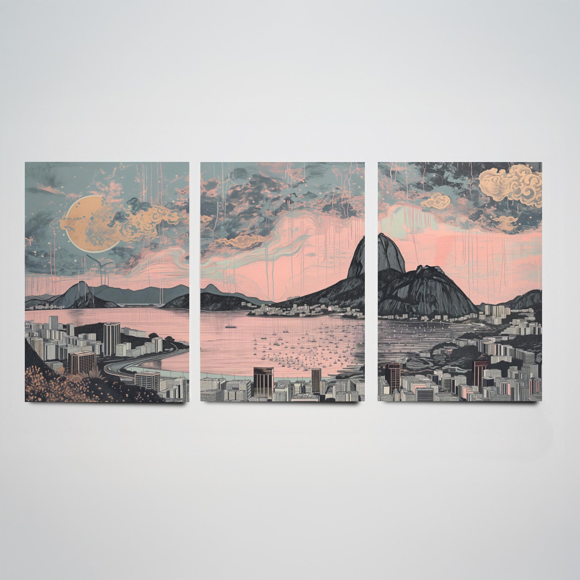 Rio de Janeiro Skyline Set of Three Art Prints - Sugarloaf Guanabara Bay Panorama - Pink Grey Line Illustration Poster Wall Decor