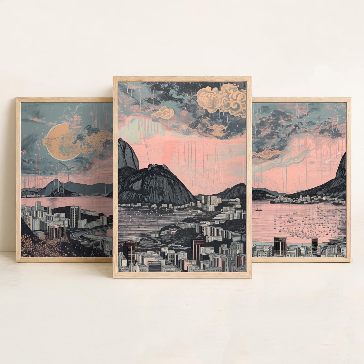 Rio de Janeiro Skyline Set of Three Art Prints - Sugarloaf Guanabara Bay Panorama - Pink Grey Line Illustration Poster Wall Decor