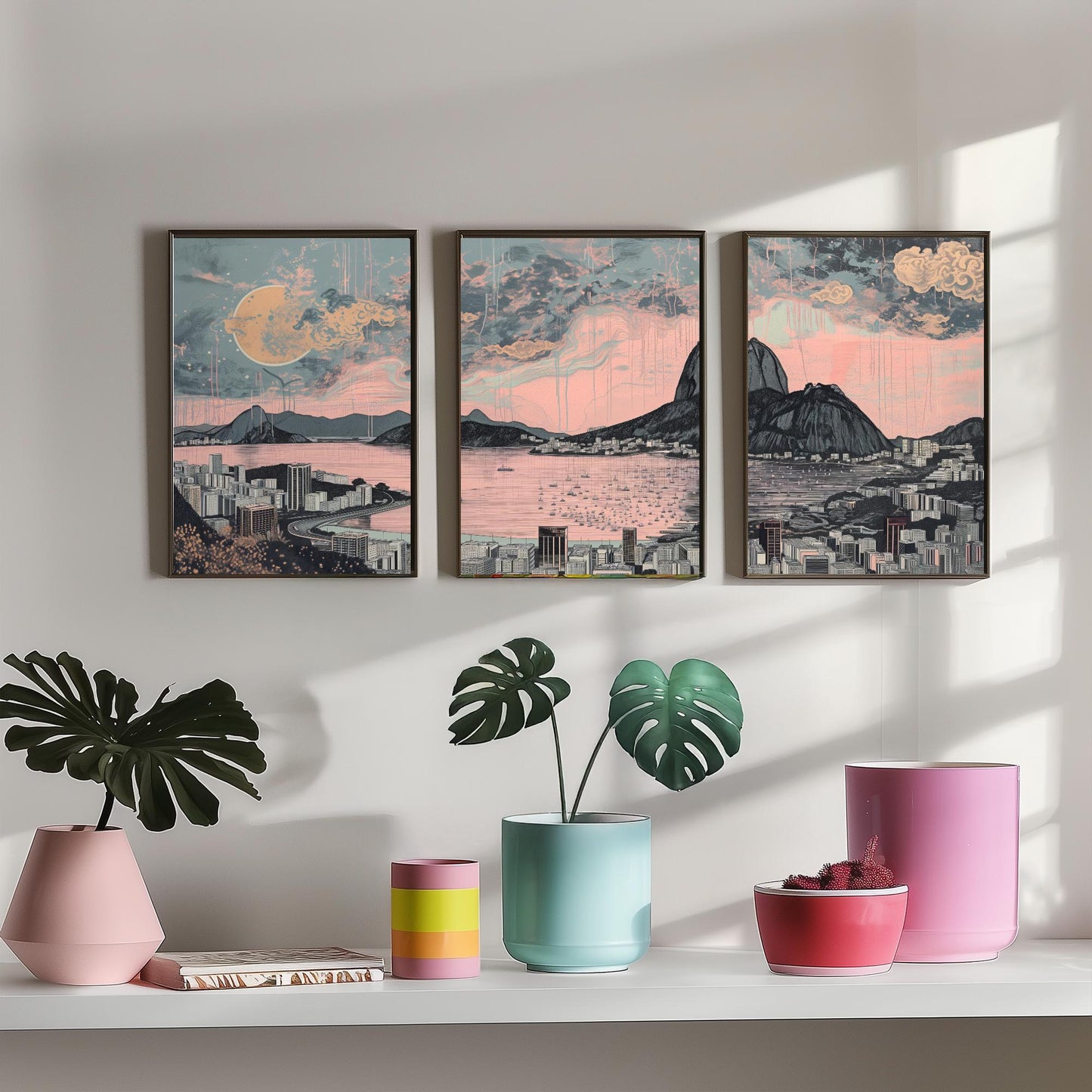 Rio de Janeiro Skyline Set of Three Art Prints - Sugarloaf Guanabara Bay Panorama - Pink Grey Line Illustration Poster Wall Decor
