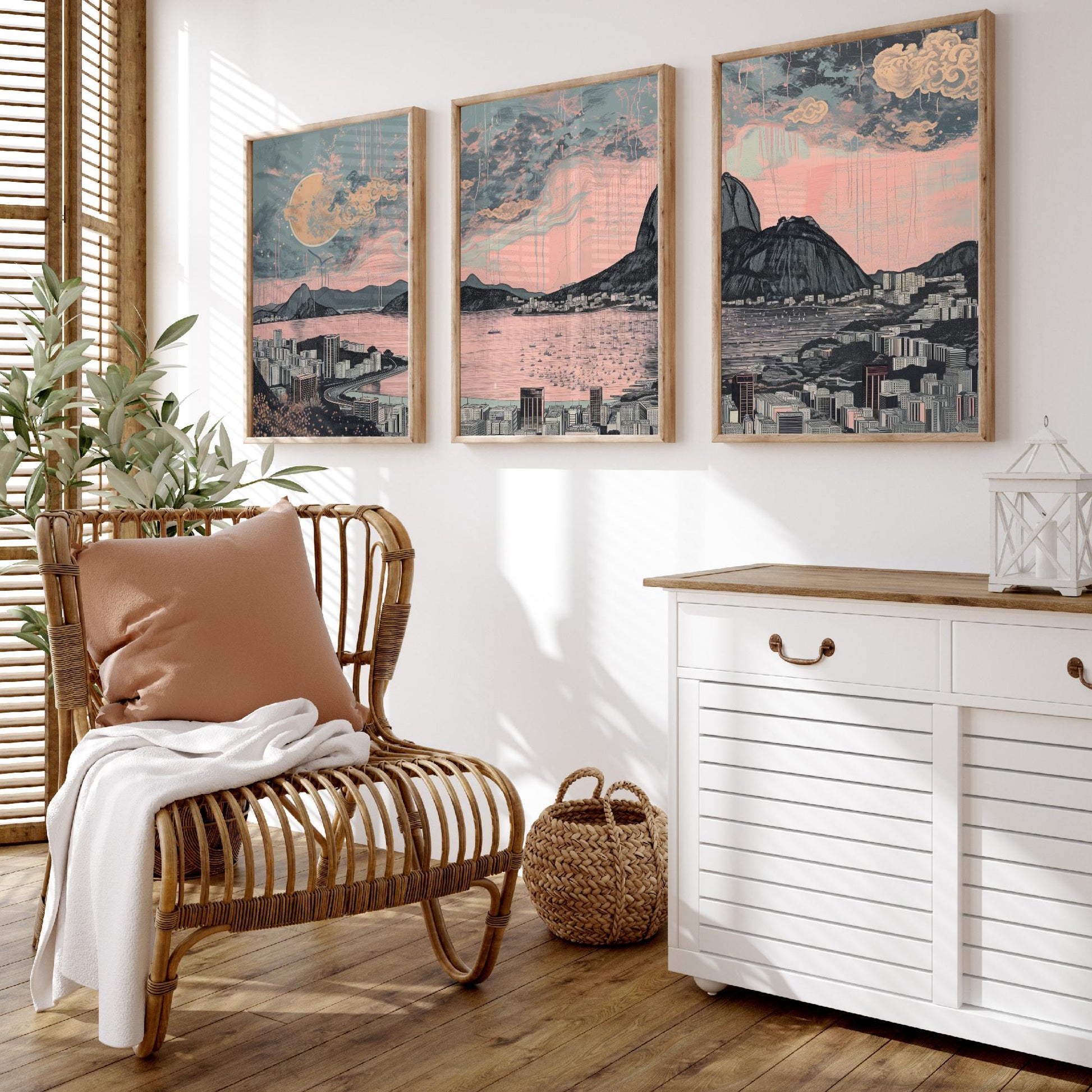 Rio de Janeiro Skyline Set of Three Art Prints - Sugarloaf Guanabara Bay Panorama - Pink Grey Line Illustration Poster Wall Decor