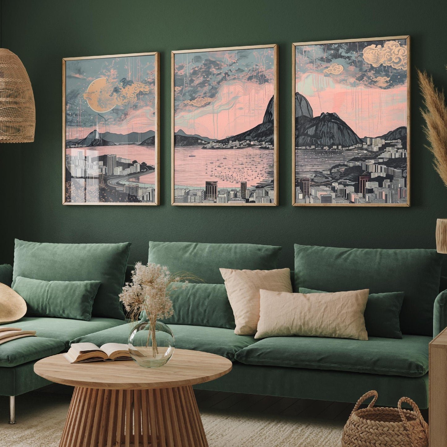 Rio de Janeiro Skyline Set of Three Art Prints - Sugarloaf Guanabara Bay Panorama - Pink Grey Line Illustration Poster Wall Decor